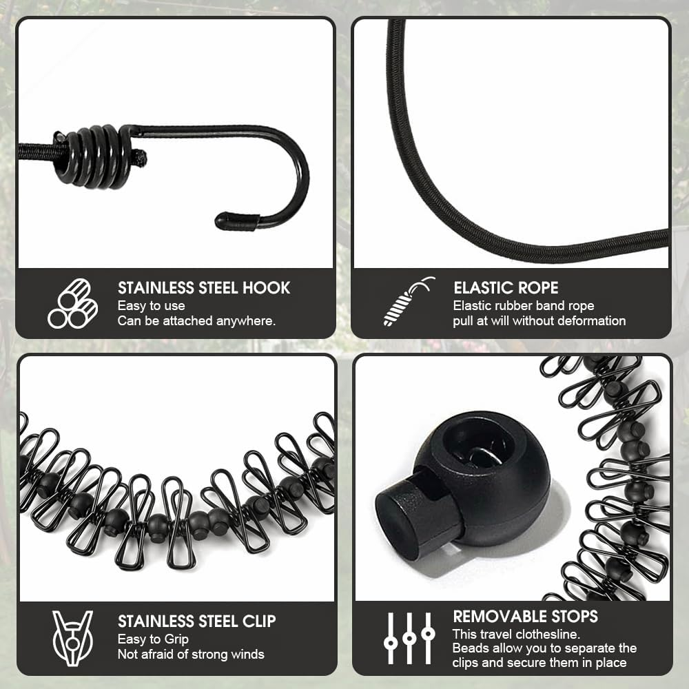 Portable Retractable Clotheslines with 12 Clothespins, Windproof Clothes Drying Line with 13 Anti-Skid Clips, Laundry Drying Line for Backyard Vacation Hotel Balcony (1Pack-Black) image number 3