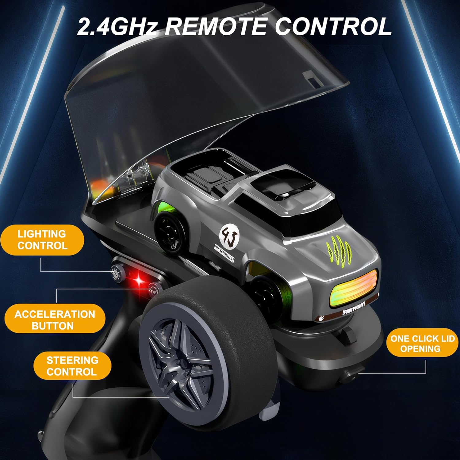 Mini RC Drift Car with Cool Lights, 1:64 Rechargeable 2.4Ghz Remote Control Car for Kids Adults (Grey) image number 1