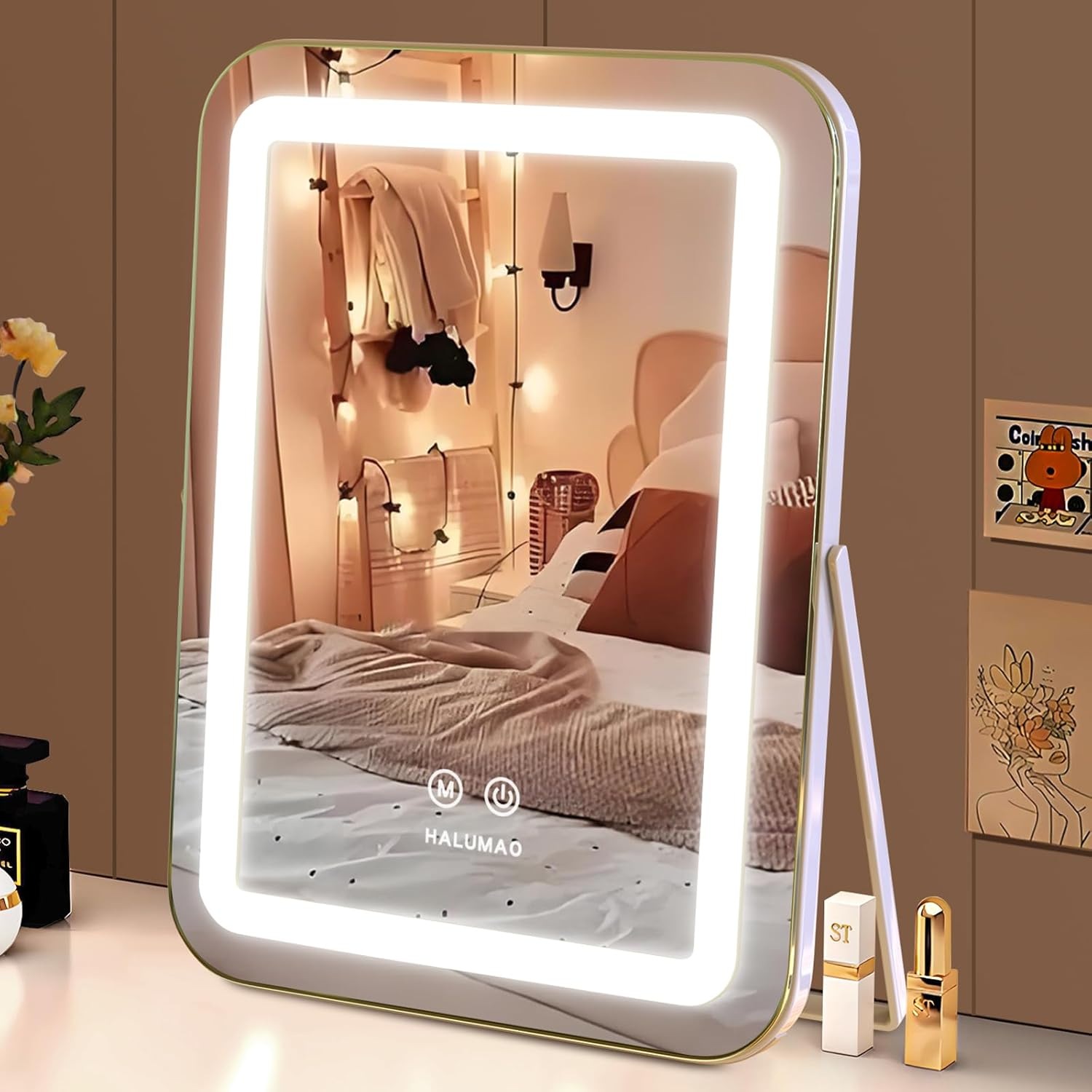 Vanity Mirror with Lights, 13.8" X 10.6"Light up Makeup Mirror, LED Makeup Mirror with Lights for Bedroom Tabletop, Smart Touch Control 3 Colors Dimmable, 360&deg; Rotation image number 1
