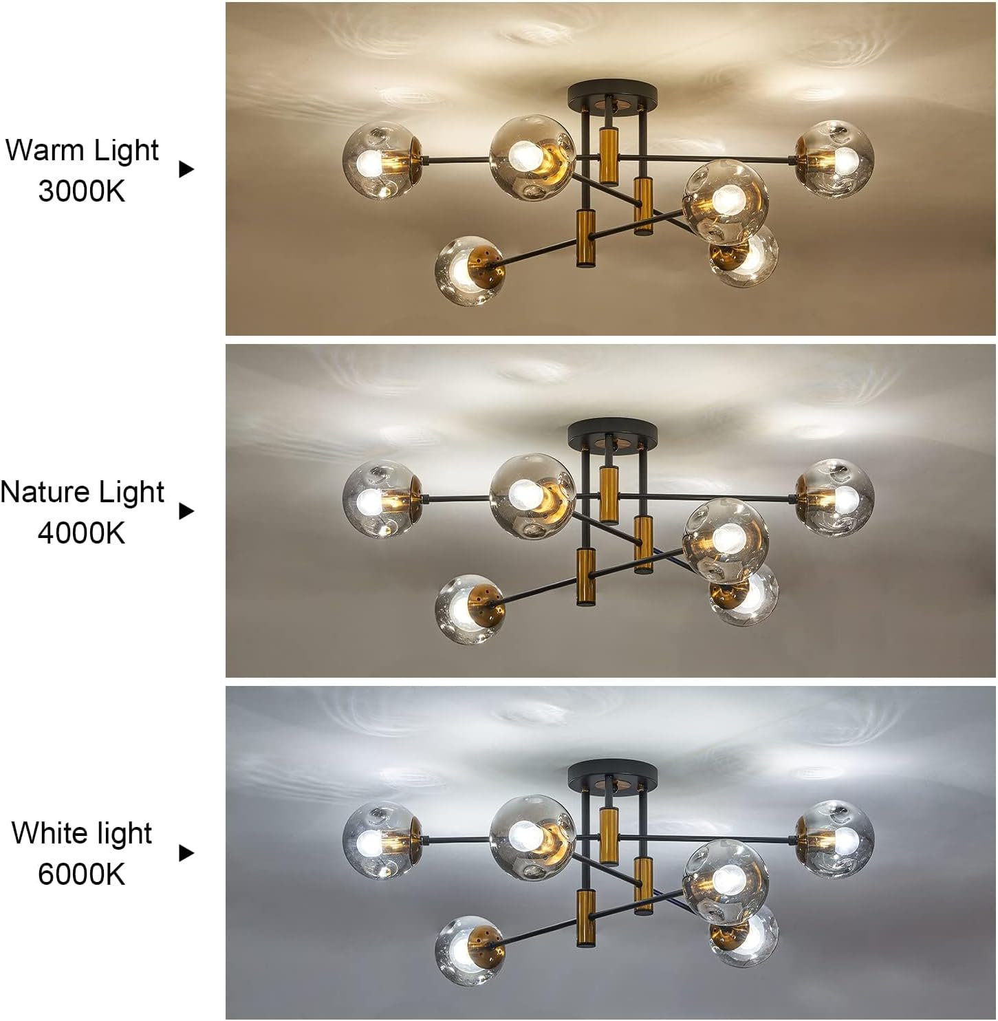 Anyuainiya 6-Light Glass Globe Modern Sputnik Chandelier, Matte Black and Gold Living Room Ceiling Light Fixture Vintage Hanging Chandeliers for Dining Room Living Room Bedroom Farmhouse image number 5