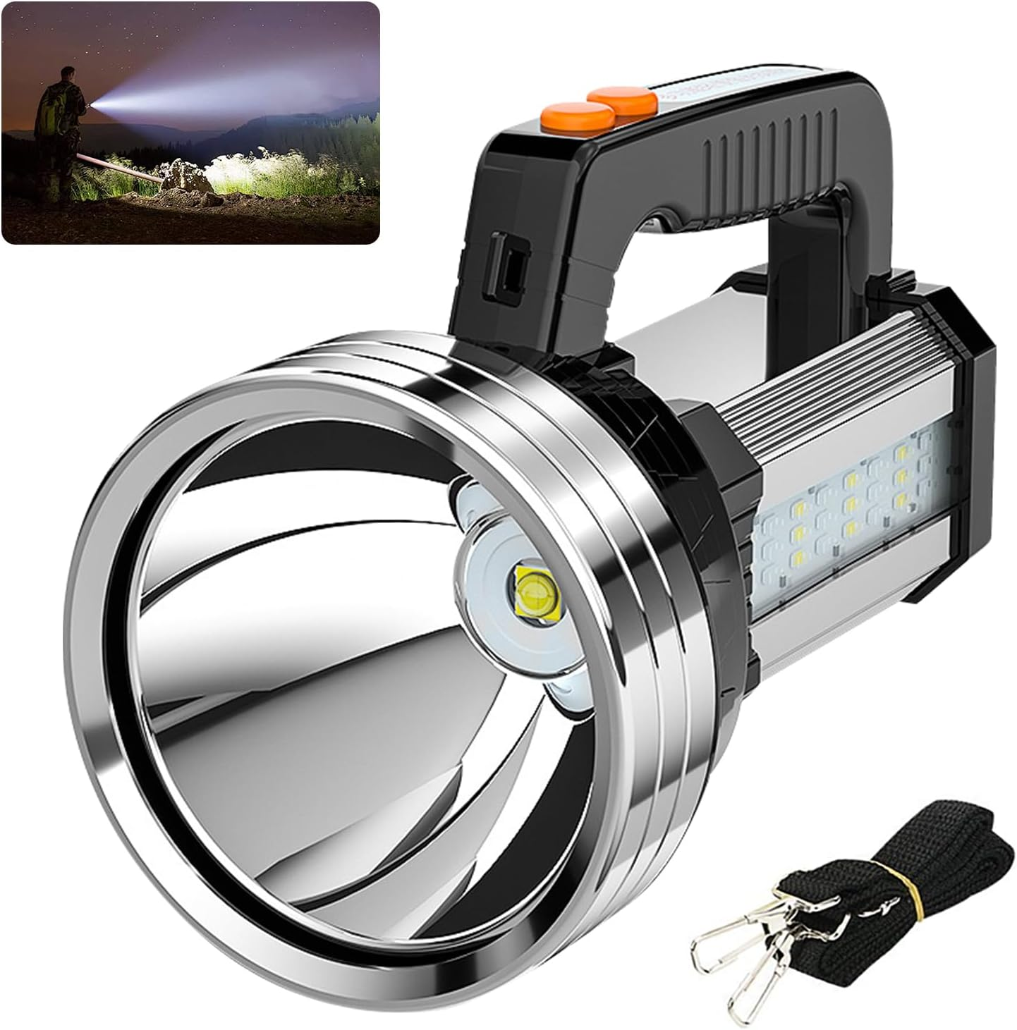 Masmejor LED Powerful Flashlight,10000Mah Rechargeable Handheld Spotlight, 2000LM, IPX4 Waterproof, 6 Modes, Portable Search Light for Emergency, Power Outages, Hiking, Camping & Outdoor Activities