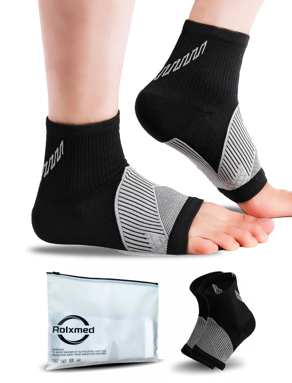 Rolxmed Ankle Support Brace Compression Sleeves for Plantar Fasciitis Neuropathy Relief Sport Socks for Men & Women (1Pair) (Black, L) image number 1