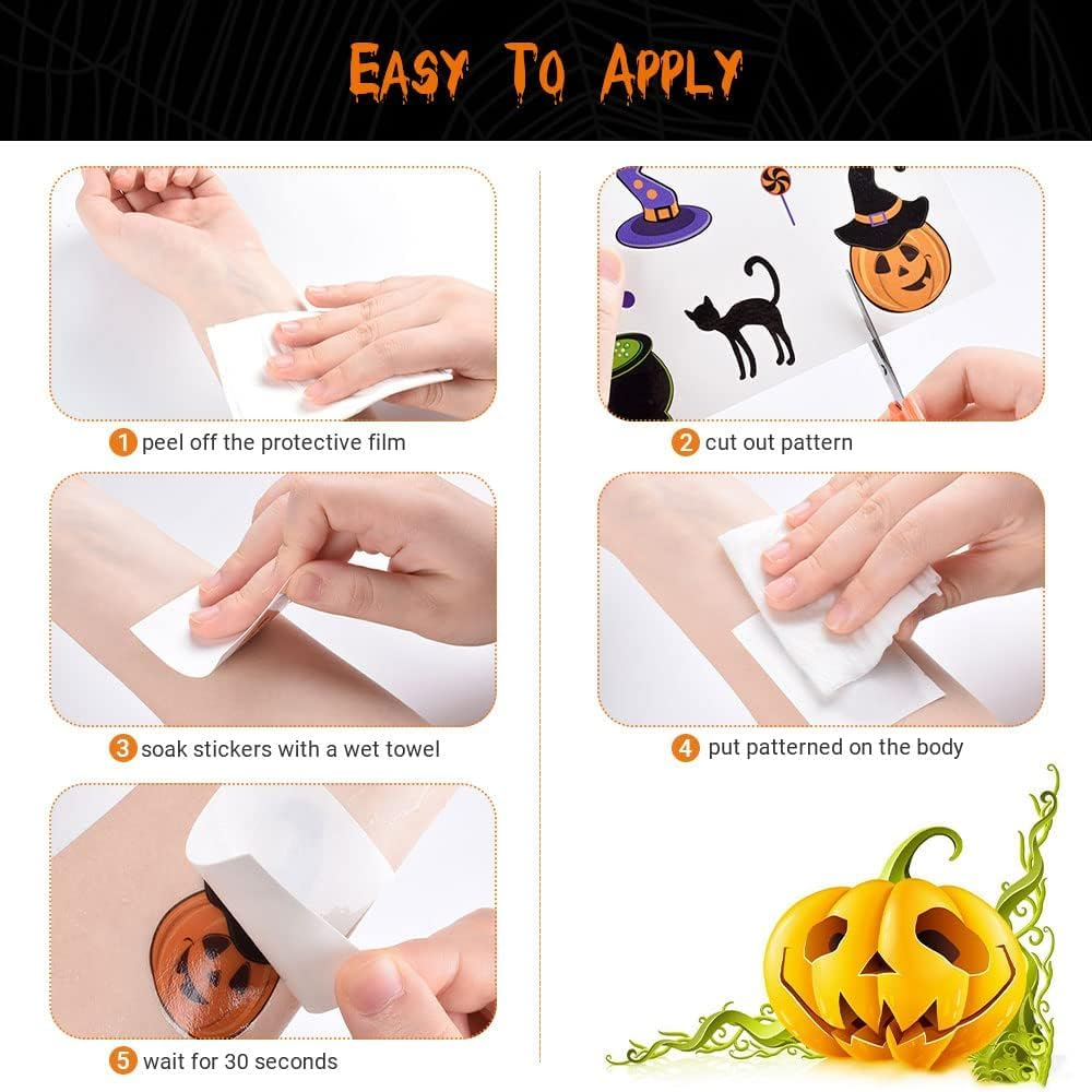 10 Sheets Halloween Temporary Tattoos for Kids, 3D Realistic Tattoo Stickers Lovely Waterproof Assorted Styles Removable Sticker Tattoo Ghost Monster Pumpkin Design for Children Adults image number 2