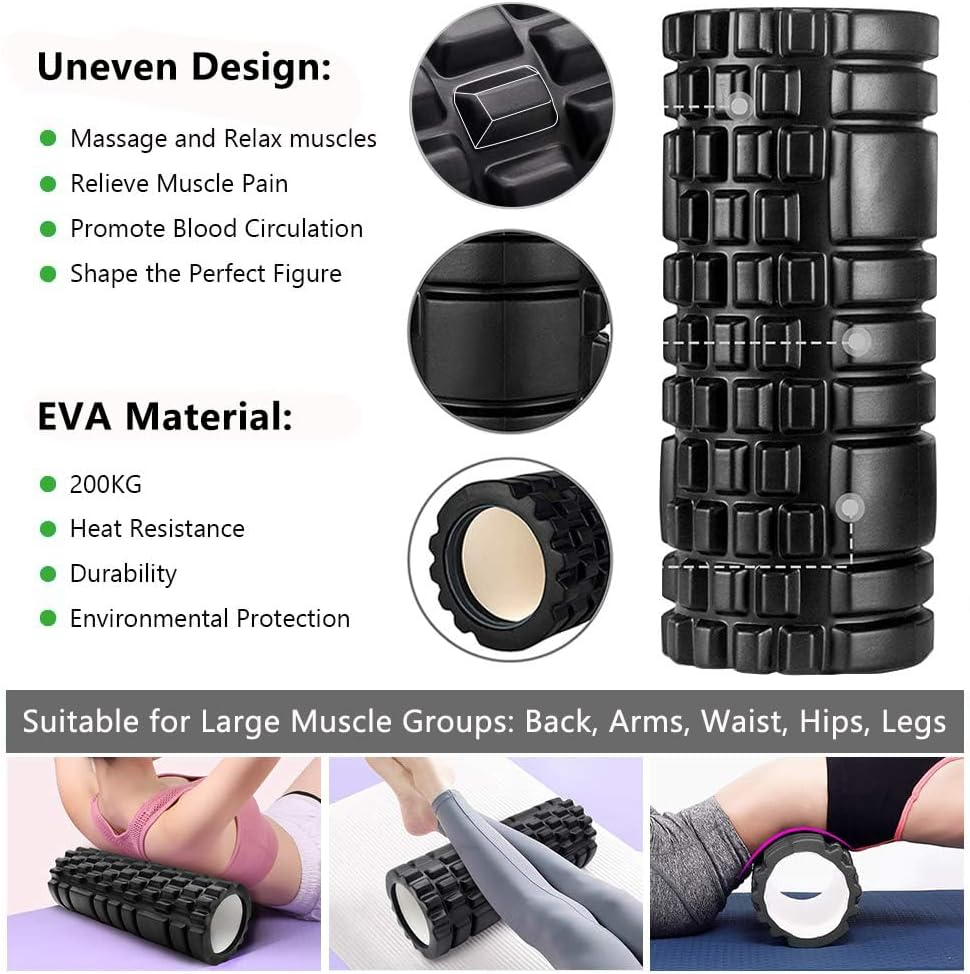 Foam Roller - EVA Muscle Massage Roller for Deep Tissue Tension Relief, Trigger Point Fitness, Self Massager for Back, Legs, Yoga, Pilates, Gym (Black) image number 4