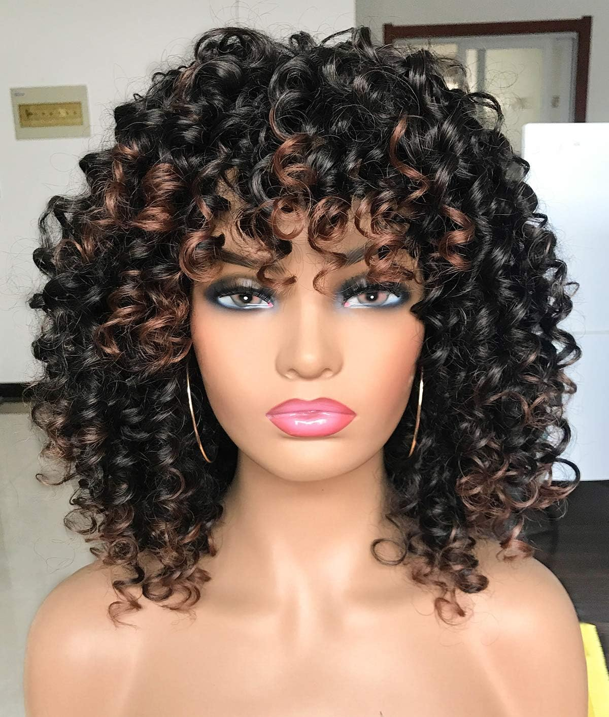 Lizzy Short Afro Curly Wigs for Black Women Full Synthetic Natural Blue with Purple Afro Kinkys Curly Wig with Bangs Shoulder Length Heat Resistant Wigs for Daily Use