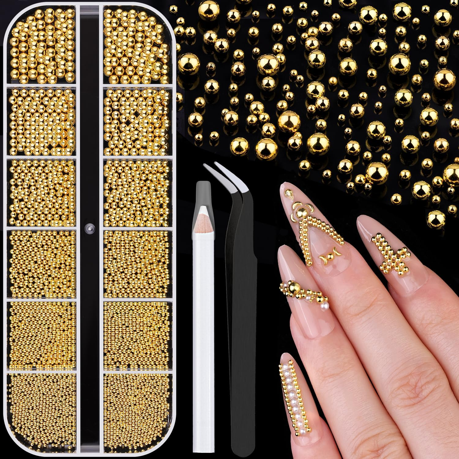 1-3MM Mini Small Nail Beads Metal Caviar Beads Gold Nail Charms and Gems Ball, Nail Balls for Nail Art Accessories Supplies Gold Rhinestones for Women Manicure image number 2