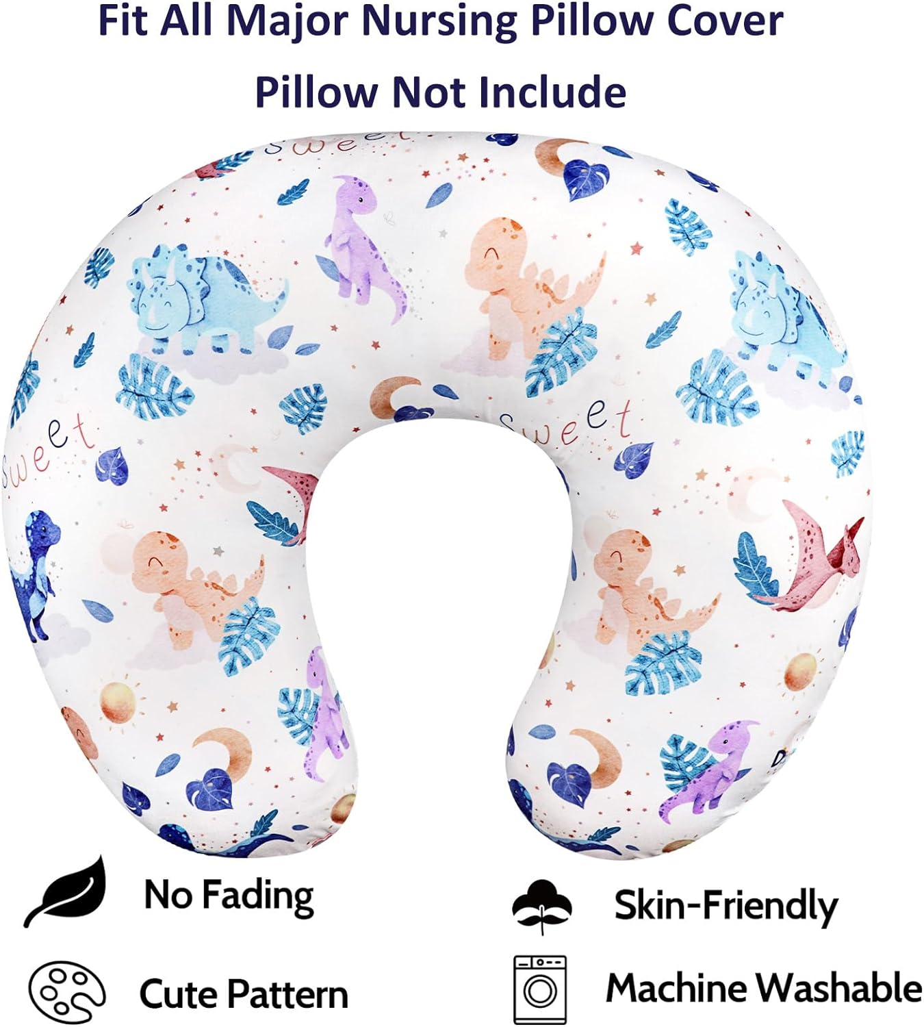 DILIMI Nursing Pillow Cover Stretchy Removable Case for Breastfeeding Pillows, Ultra Soft Comfortable Slipcover for Baby Girl and Boy, Watercolor Dinosaur and Leaves(Pillow Not Included)