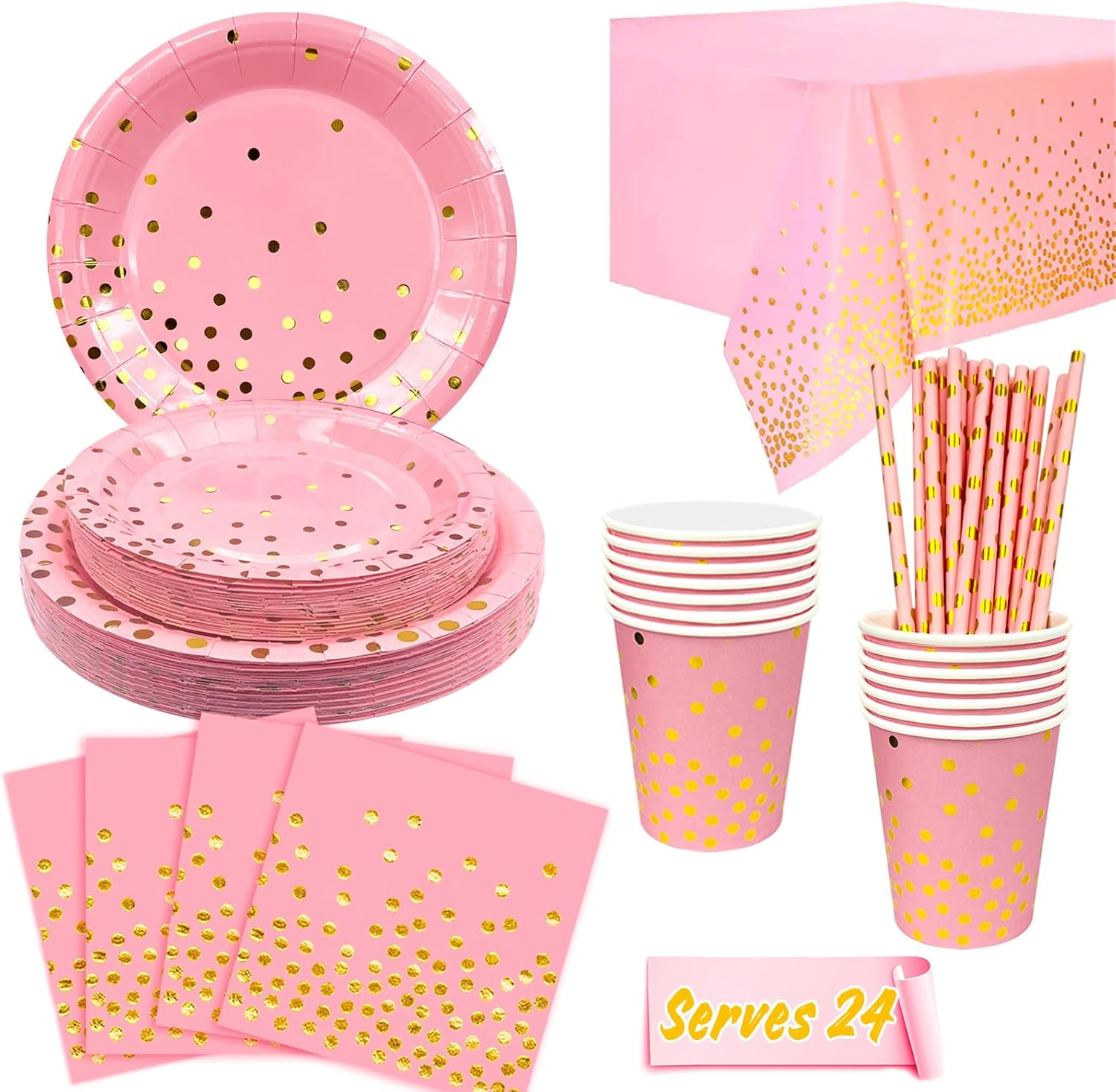Pink Gold Party Tableware Set, 121Pcs Pink Dot Tableware Set Pink and Gold Paper Plates Cups Pink Gold Polka Dot Tablecloth Etc Pink and Gold Party Supplies Tableware image number 3