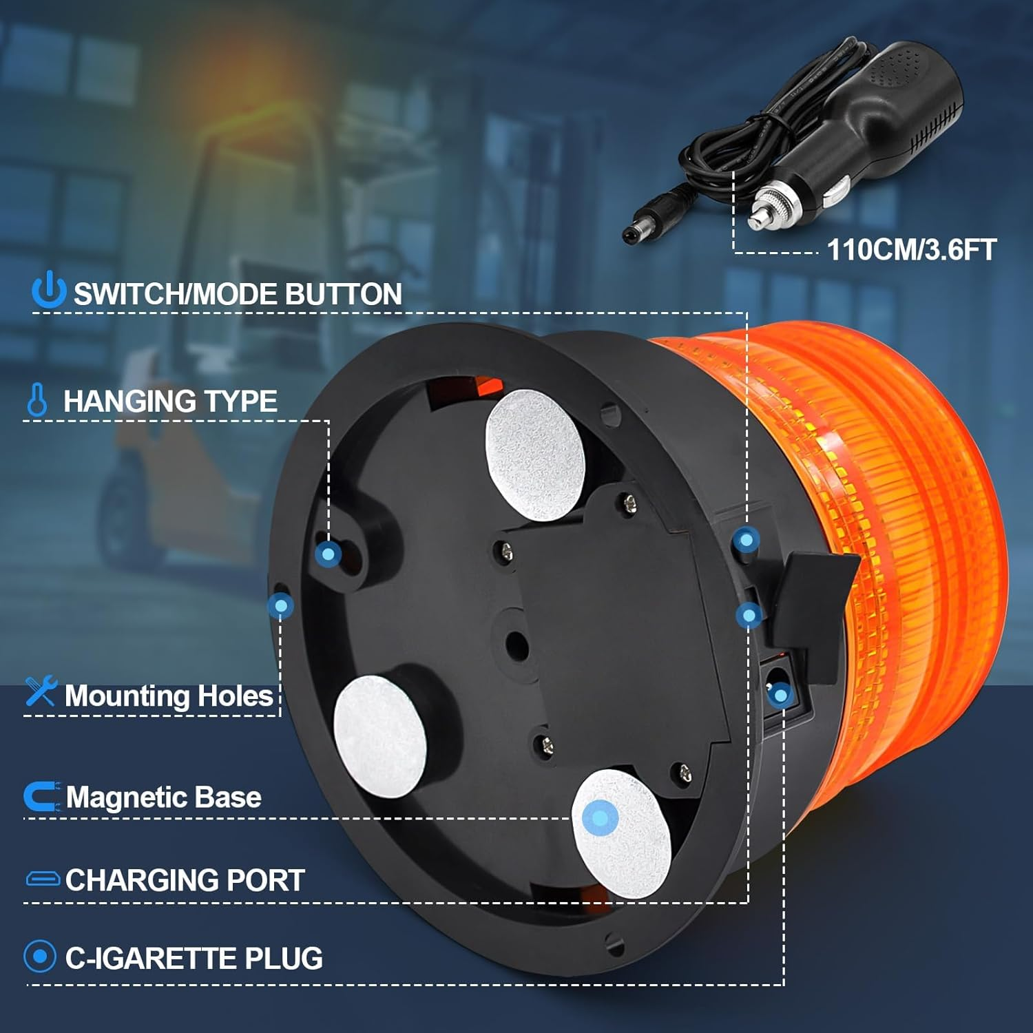 Magnetic Amber Flashing Beacon Light, 12V-24V Wireless & Rechargeable LED Warning Light for Roadside Safety, Trucks, Cars, Golf Carts, Snow Plows image number 6