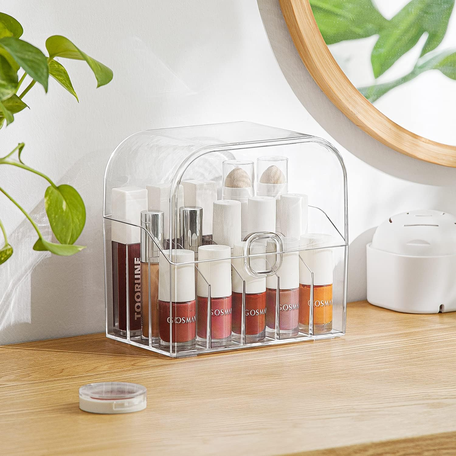 MORNITE Cosmetic Organizer Storage, Lipstick Organizer with Lid, Dustproof Waterproof Lipsticks Dresser Holder Box Case Countertop Makeup Tray, Clear image number 1