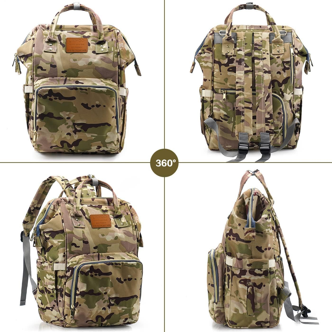 Limhoo Diaper Bag Backpack for Men Dad, Waterproof Large Canvas Camo Nappy Bags, Baby Care Bag - Army Green image number 3