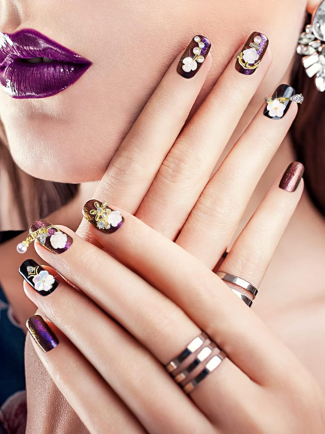 3D Flower Nail Charms Rhinestone, Kalolary White Flower Acrylic Nail Pendant Camellia Cherry Blossoms Nail Art Decorations for Spring Summer Nail Art Designs image number 5