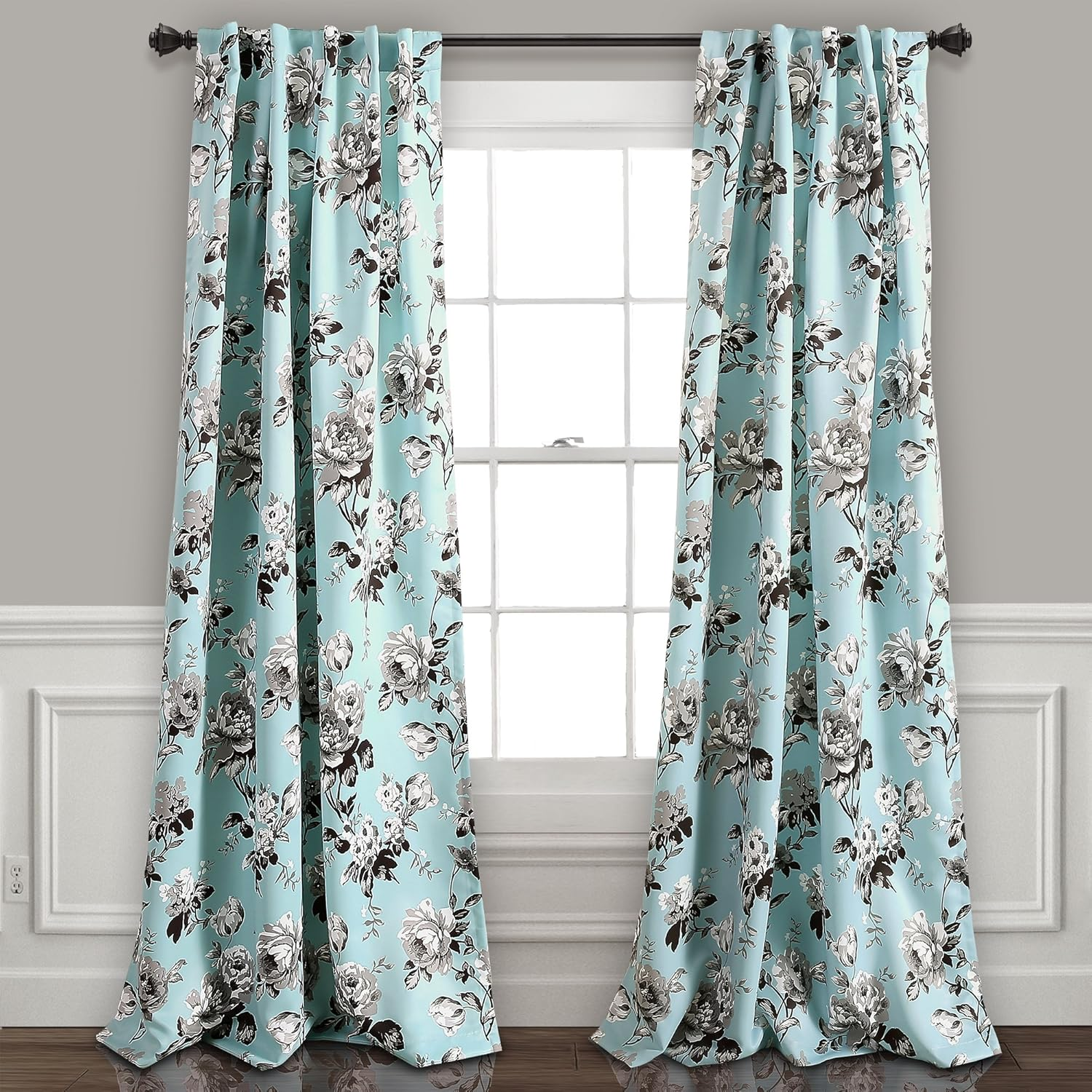 Lush Decor Tania Curtains | Floral Garden Room Darkening Window Panel Set for Living, Dining, Bedroom (Pair), 84&rdquo; X 52&rdquo;, Blue and Gray, 84" X 52" image number 4