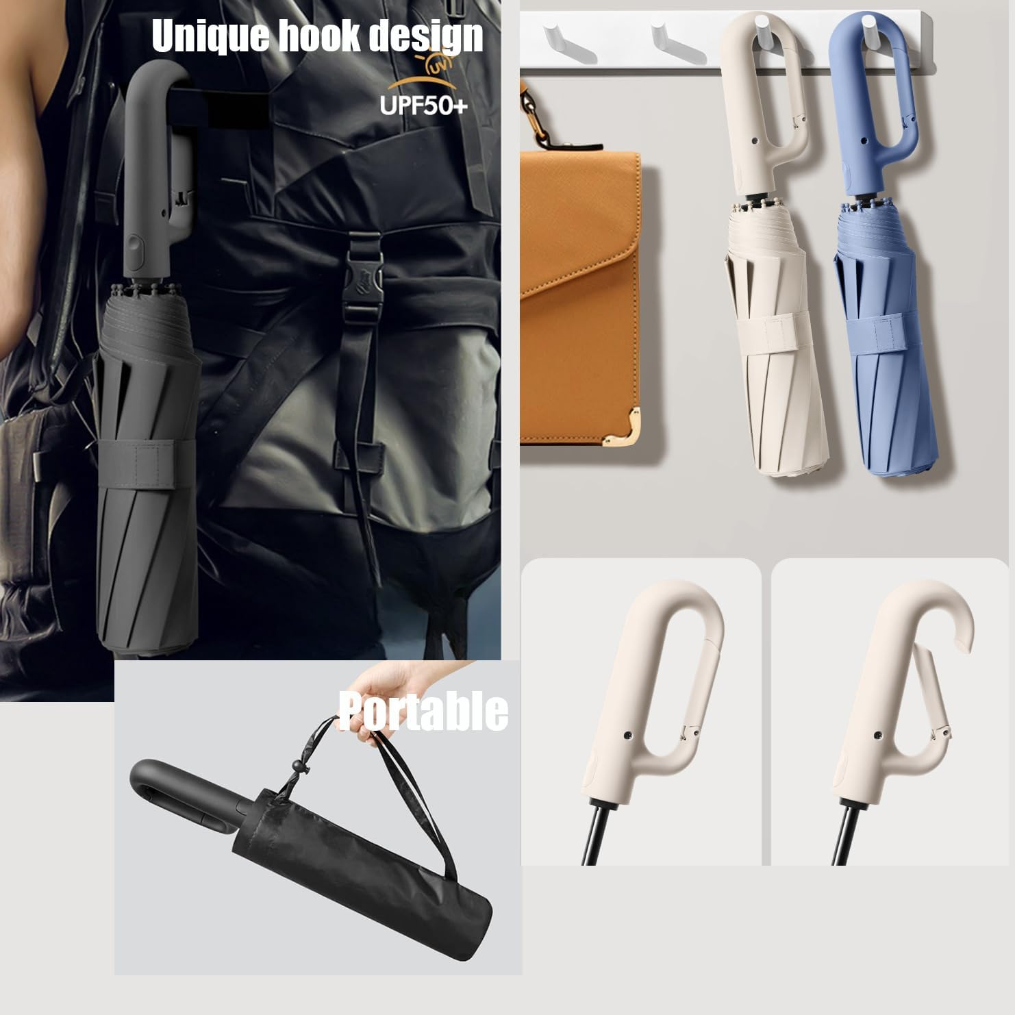 Travel Folding Golf Umbrella 10 Ribs Automatic Open/Close,Lightweight Compact Portable Backpack Car Parasol Outdoor,Sun/Rain,Anti 99 UV Protection UPF 50,Men Women Carabiner Handle Design image number 5