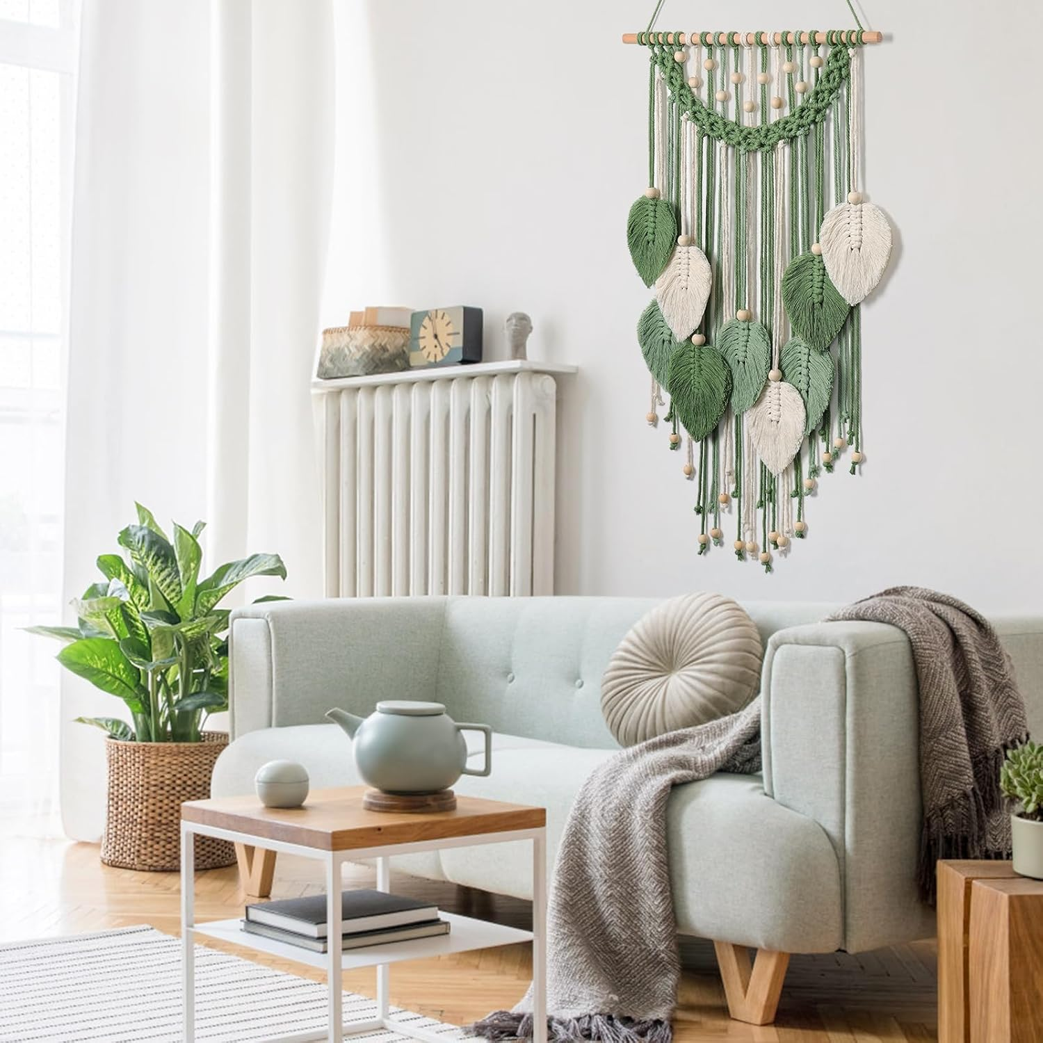 Weldomcor Macrame Wall Hanging Boho Leaf Woven Tapestry, Bohemian Chic Home Decor Modern Handmade Leaves Feather Wall Art Decorations for Bedroom Living Room Apartment Ornament (Green) image number 2