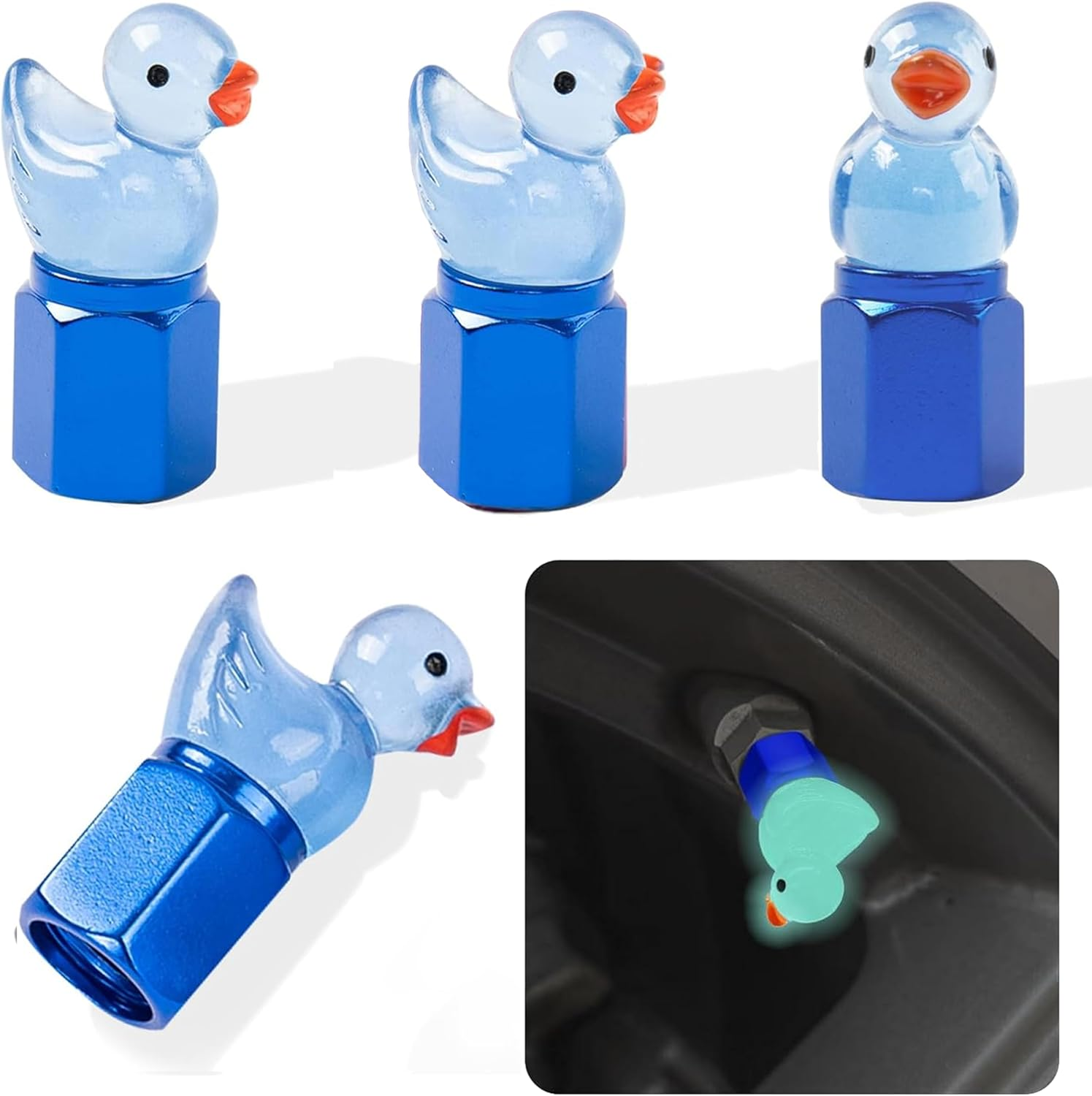 4 Pcs Cute Duck Car Tyre Valve Caps, Glow in the Dark Tire Valve Caps,Interesting and Practical Tyre Decoration, Universal for Cars, Suvs, Bike, Trucks and Motorcycles (White)