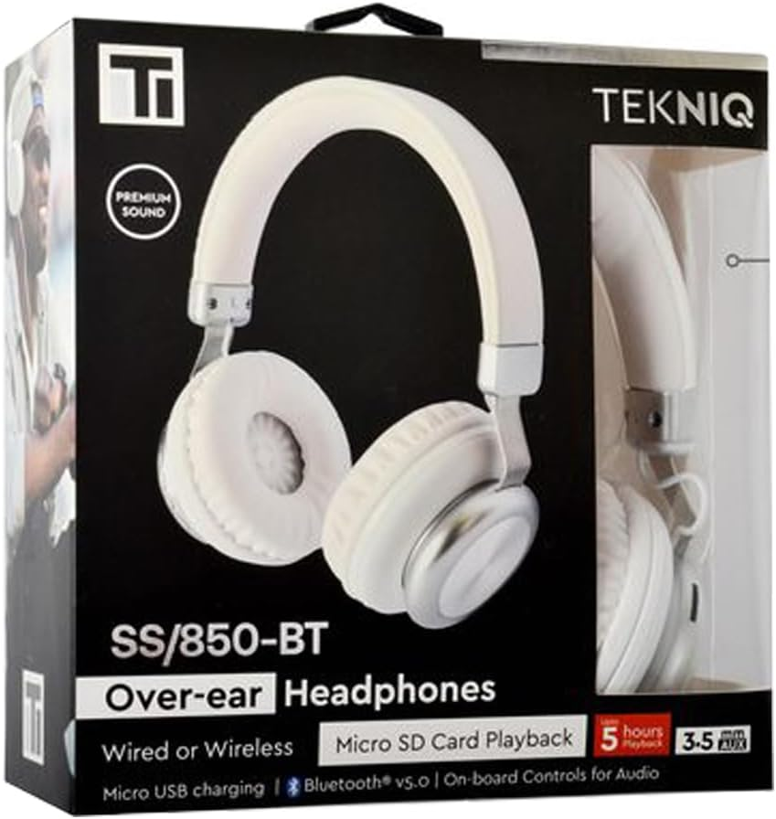 Tekniq SS/850-BT Wireless Over-Ear Headphone with Onboard Playback, White image number 2