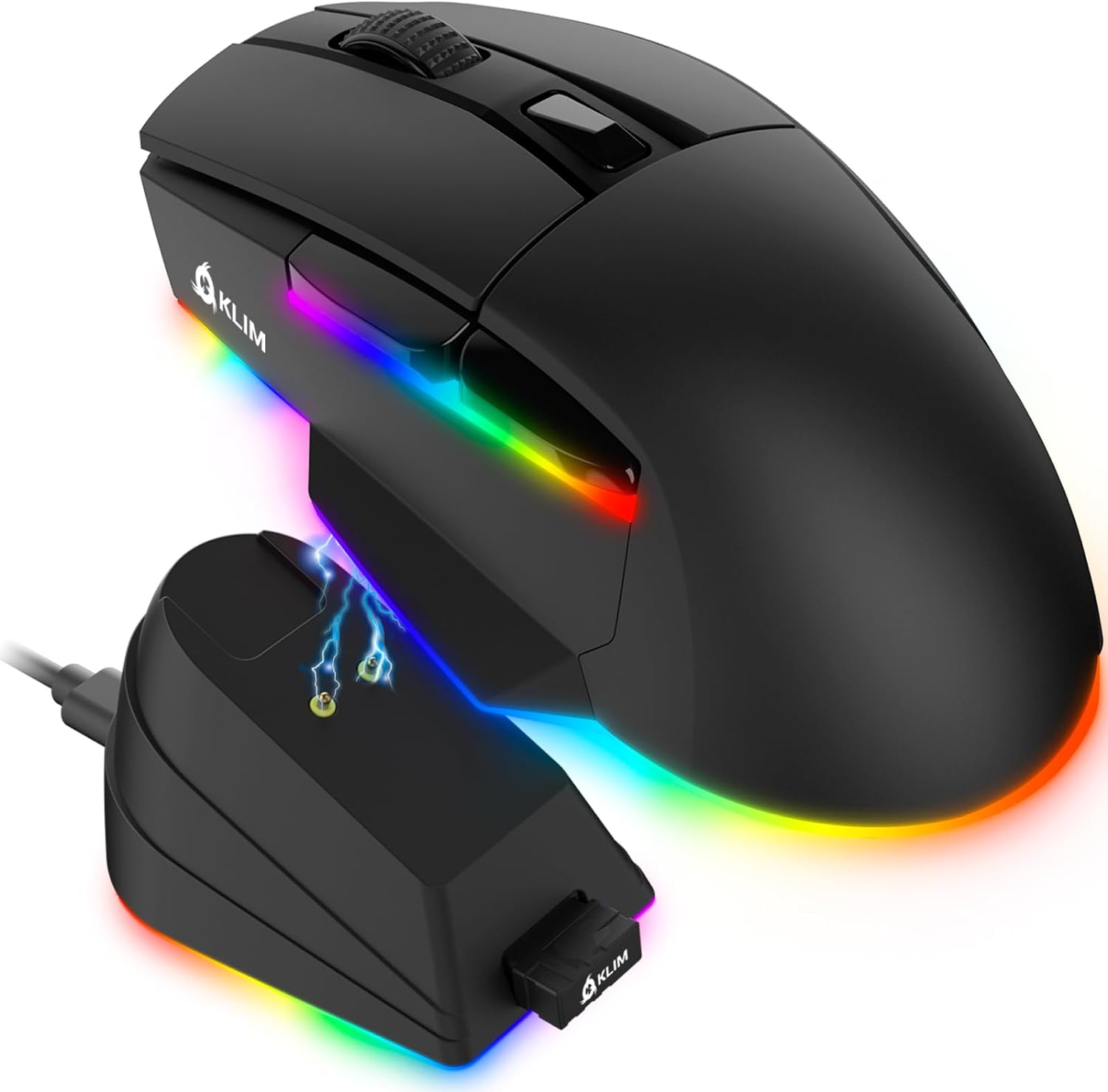 KLIM Blaze X RGB + New + Rechargeable Wireless Gaming Mouse with Charging Dock + Long-Lasting Battery + up to 12000 DPI + Wired & Wireless Mouse PC, PS5, PS4, Mac + Black