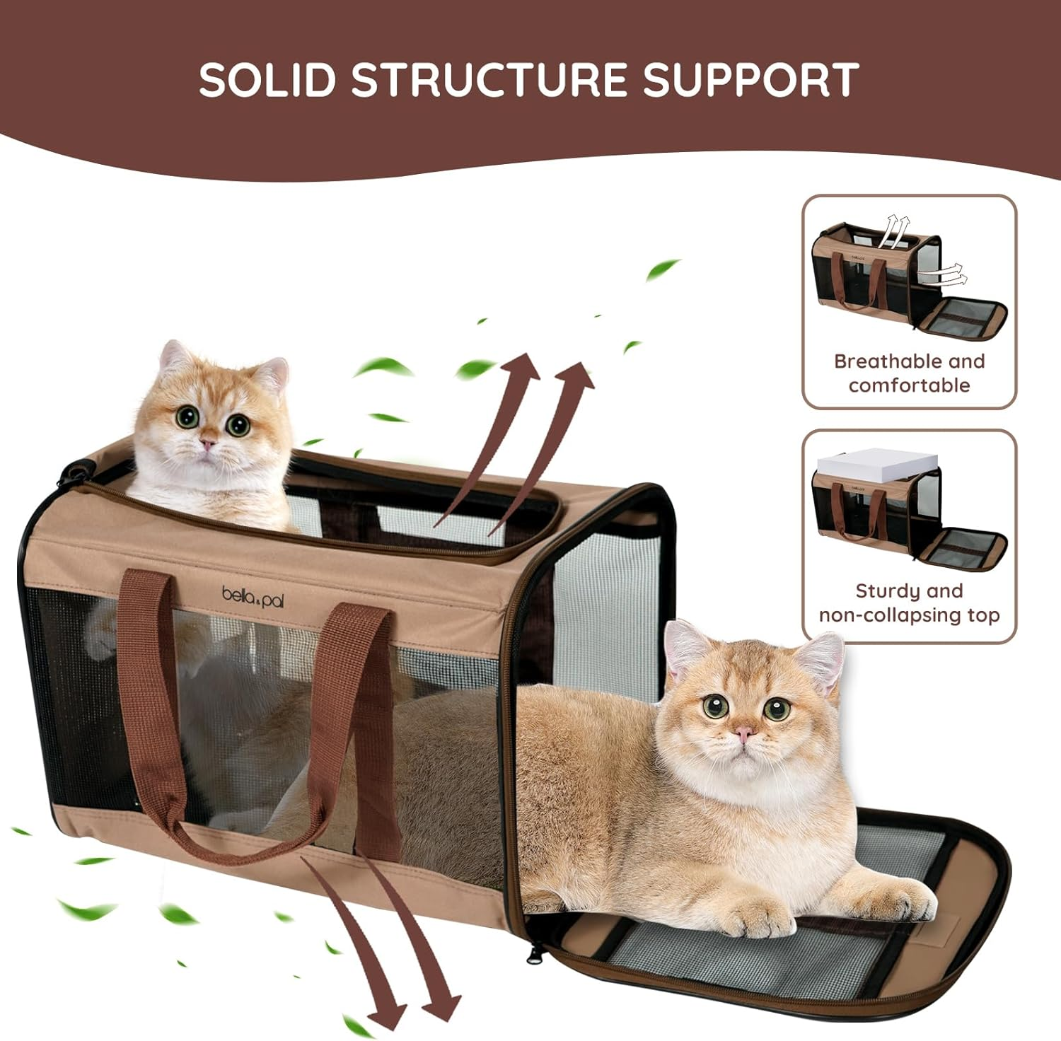 BELLA & PAL Cat Carrier Dog Carriers Airline Approved, Pet Carrier for Small Medium Dogs Cats under 16Lbs, Collapsible Soft Sided Travel Puppy Carrier (Brown, 16.5" L X 11" W X 11" H) image number 7
