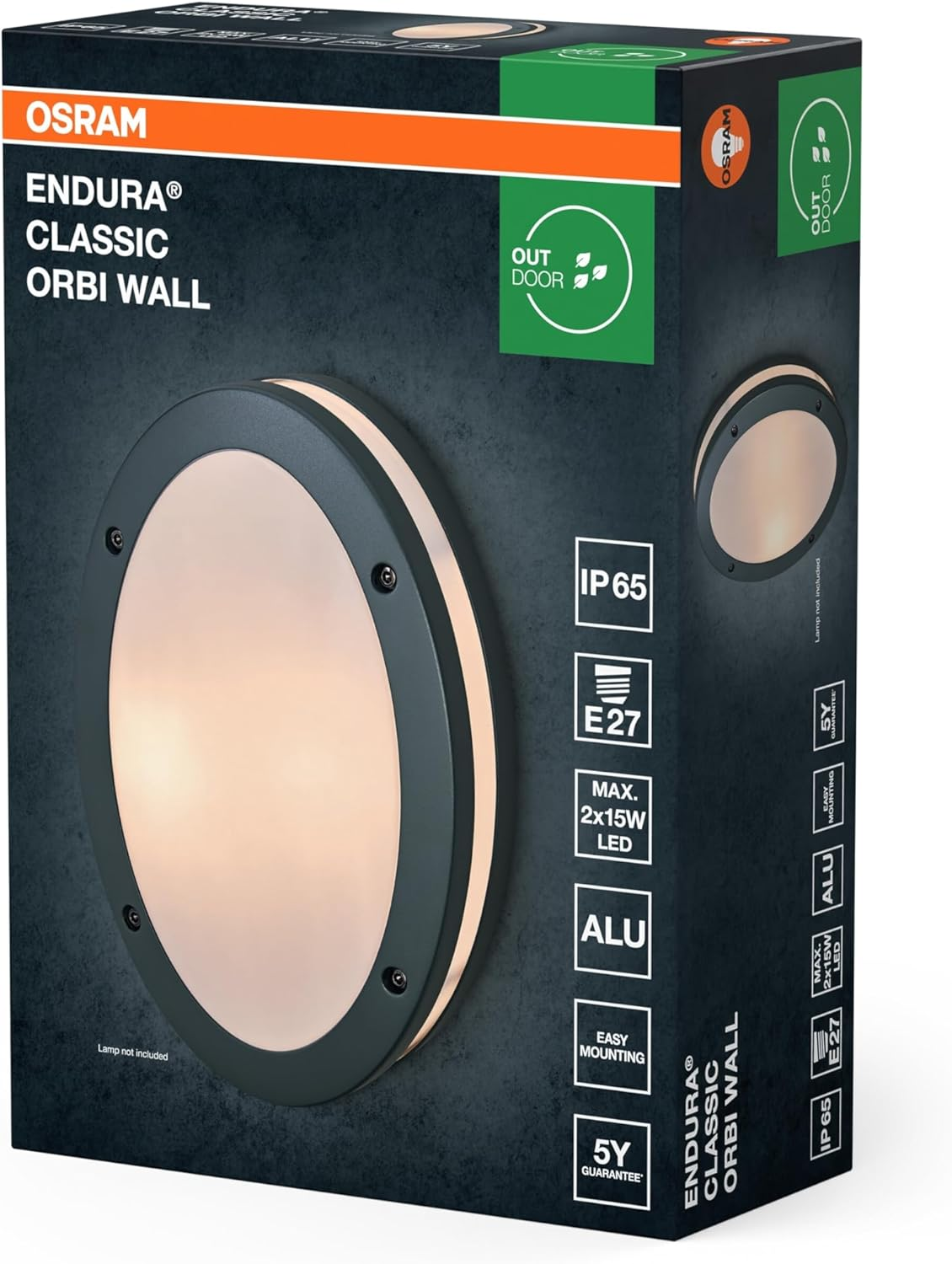 OSRAM Endura Classic Orbi W Outdoor Light, Wall Light, E27 Socket, Dark Grey, Aluminium, Quick & Easy Installation, Frosted Diffuser, IP65 Protection Class, Outdoor Use