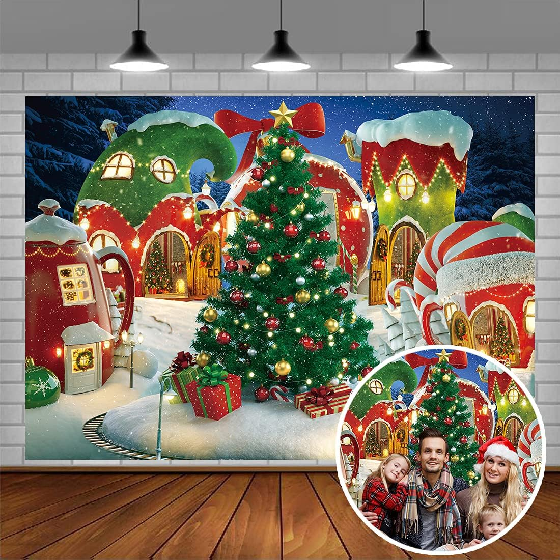 Cartoon Christmas Village Photography Backdrop Winter Snow Pine Tree Background Xmas Fairy Tale Animated Kid Party Photo Booth Banner Supplies (8X6) image number 5