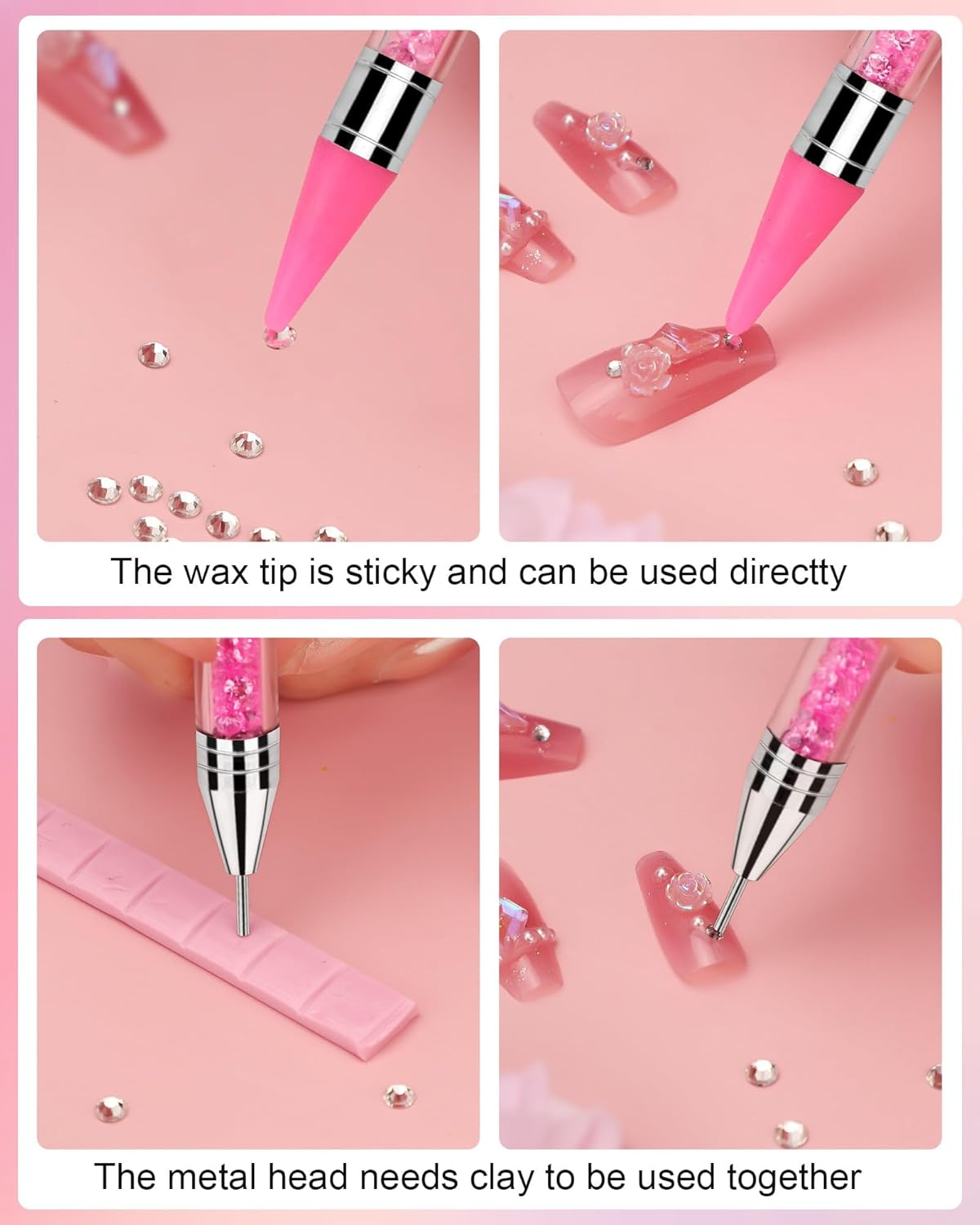 Difenni Rhinestone Picker Tool Set,Rhinestone Applicator Tool,Rhinestone Picker Dotting with 4 Extra Pink Replaceable Wax Head and 2 Tweezer (Pink) image number 2