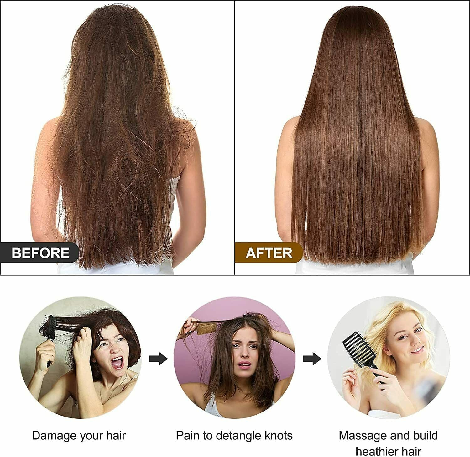 Leona Co 2Pcs Hair Brush, Detangling Hairbrush Boar Bristle Curved Vented Hair Brush for Women Men Kids Curly Thick Long Short Wet or Dry Hair, Faster Blow Drying (Black)