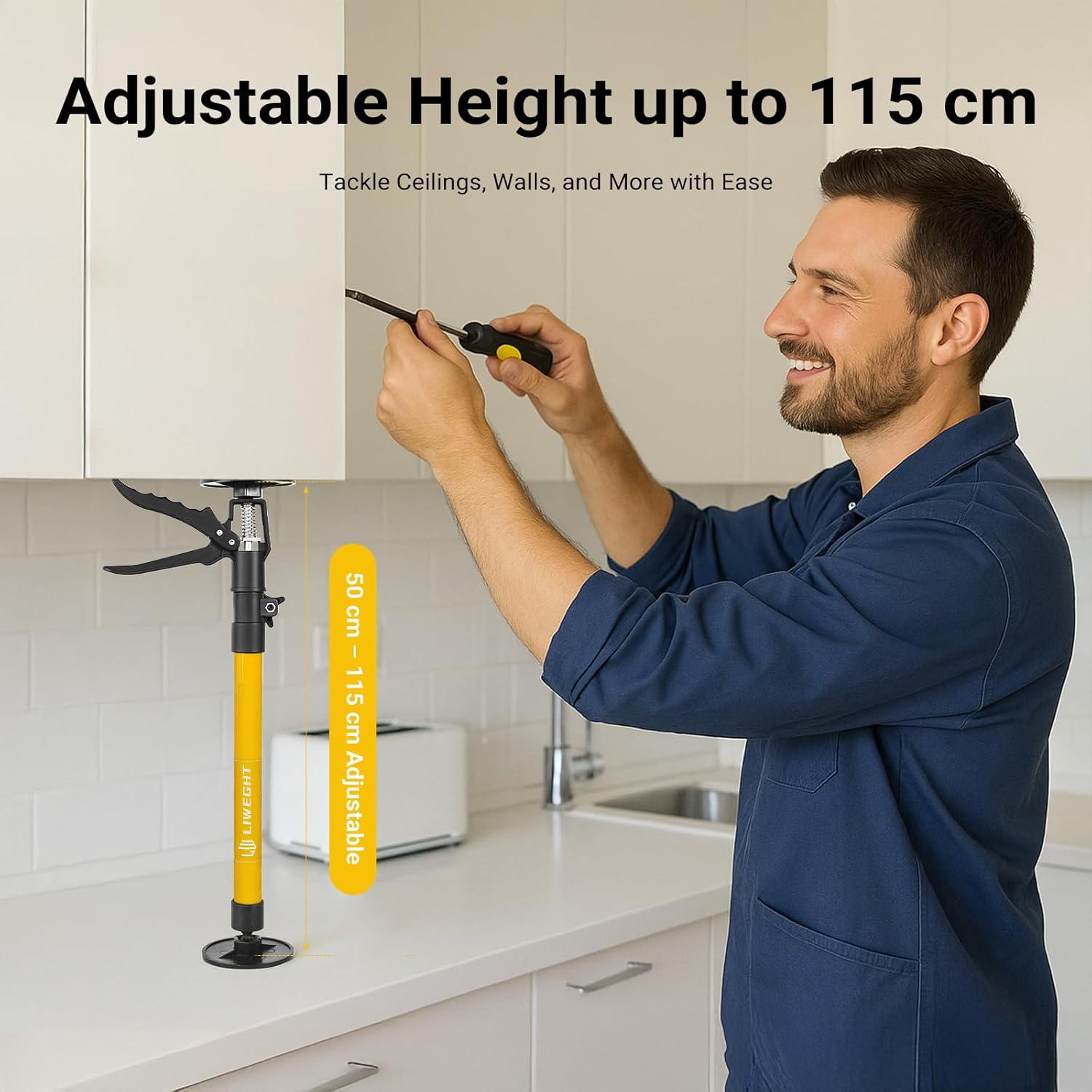 LIWEGHT 2 Pack Cabinet Jack, 50-115Cm Third Hand Tools Height-Adjustable Support Pole, Telescopic Support Pole, for Woodworking, Drywall Jack, Upper Cabinet Installation (Yellow, 50-115Cm) image number 4