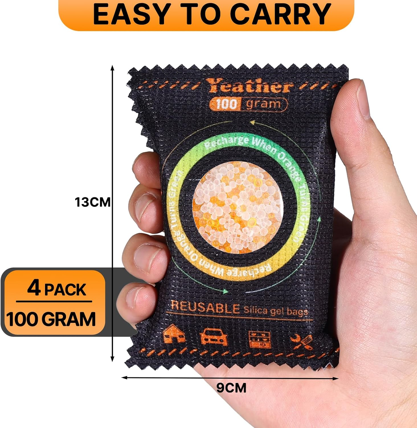 100G [4 Packs] Color Indicating Silica Gel Desiccant Packets, Rechargeable Desiccant - Moisture Absorbers for Bins, Gun Safes, Suitcases, 3D Printing Filaments, Electronics, Cars image number 2