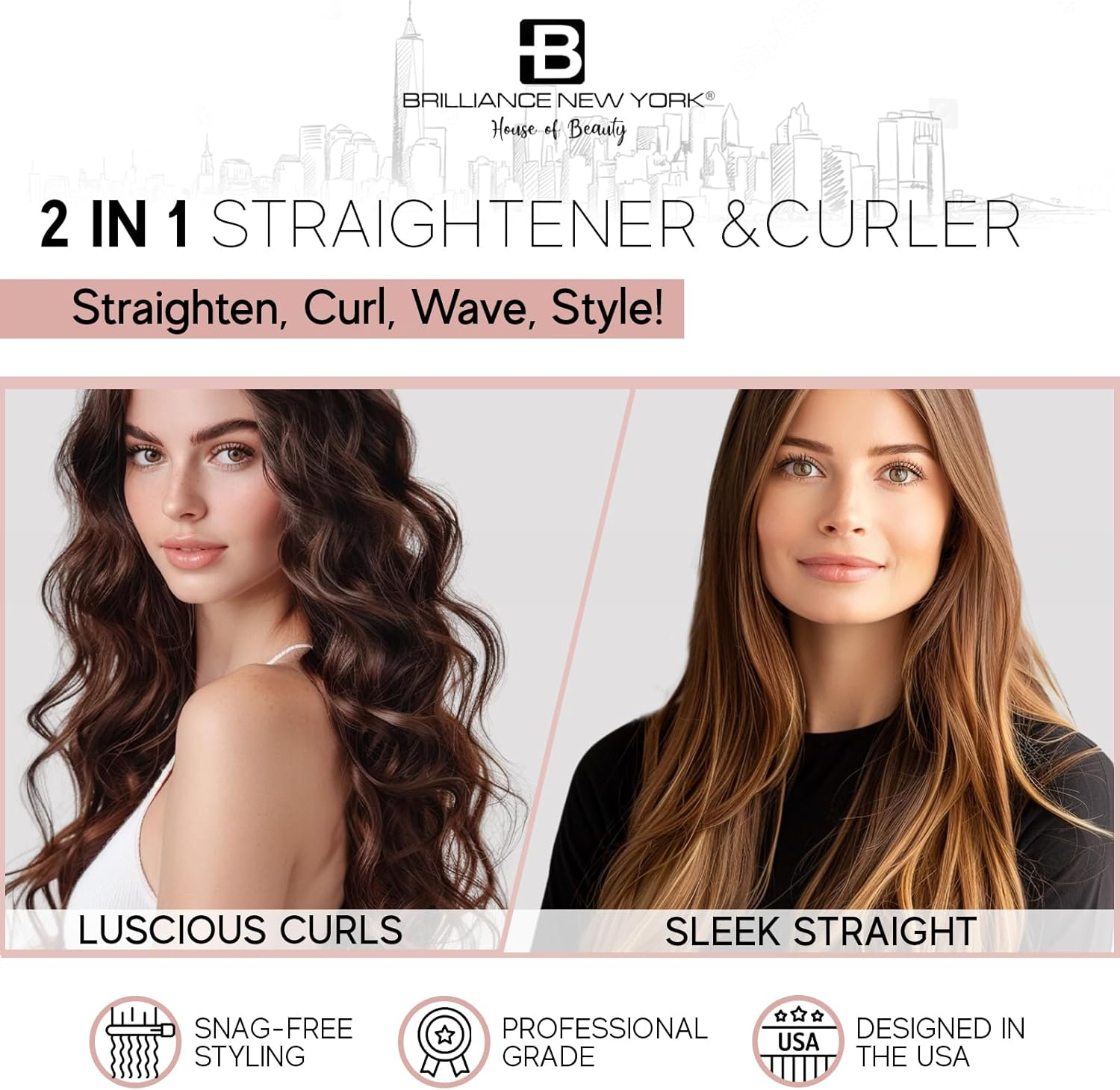 Brilliance New York - 1 Inch Diamond Titanium Flat Iron - 2 in 1 Hair Straightener and Curler - Anti-Static, Frizz-Free Ionic Plates - Auto Shut-Off Dual Voltage Flat Iron W/Lcd Display image number 6