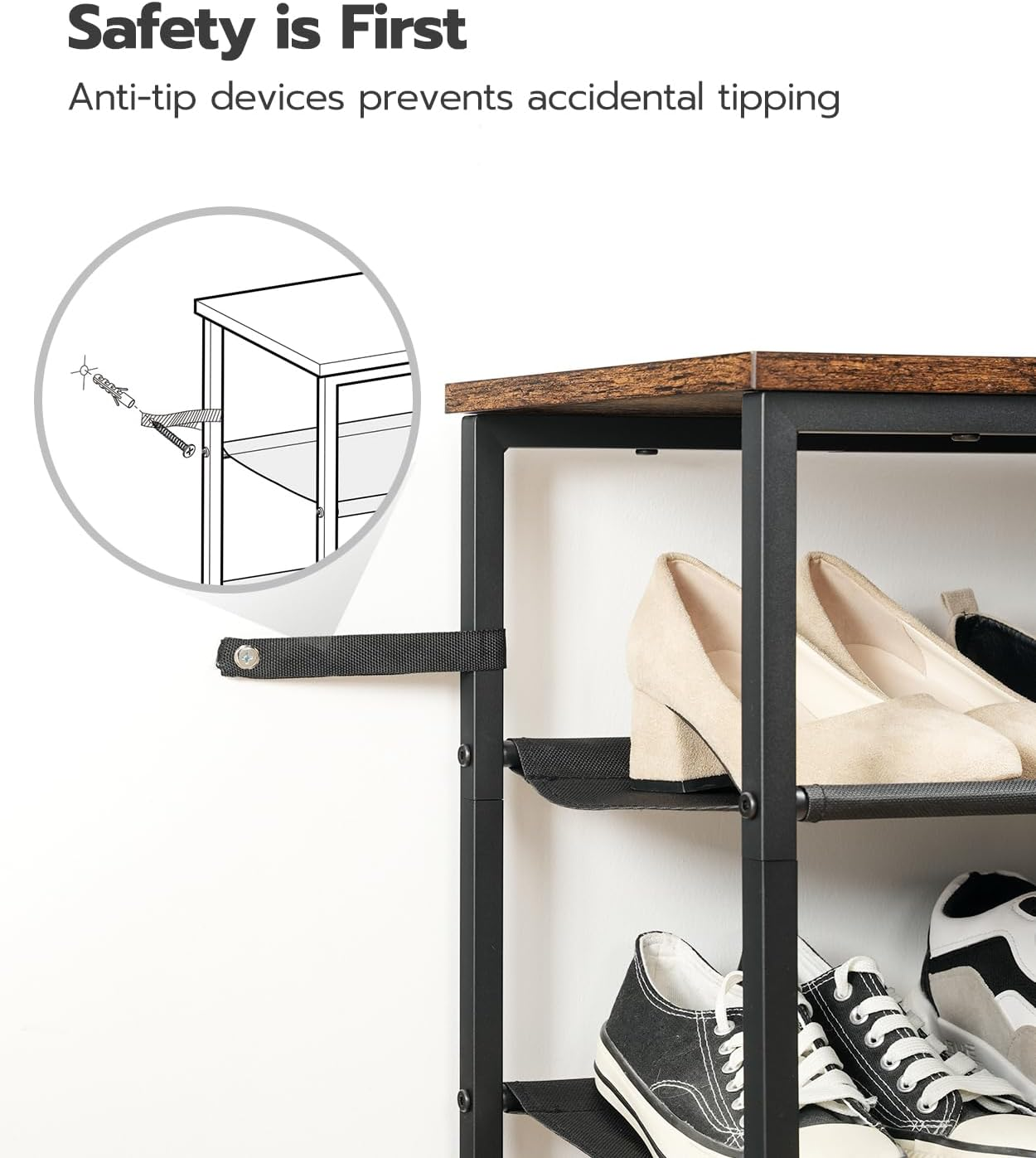 HOOBRO Shoe Rack, 4 Tier Shoe Storage Organizer with 3 Oxford Fabric Shelves and Top Panel, Holds 12-16 Pairs of Shoes for Entryway and Closet, Industrial, Rustic Brown BF47XJ01G1 image number 4