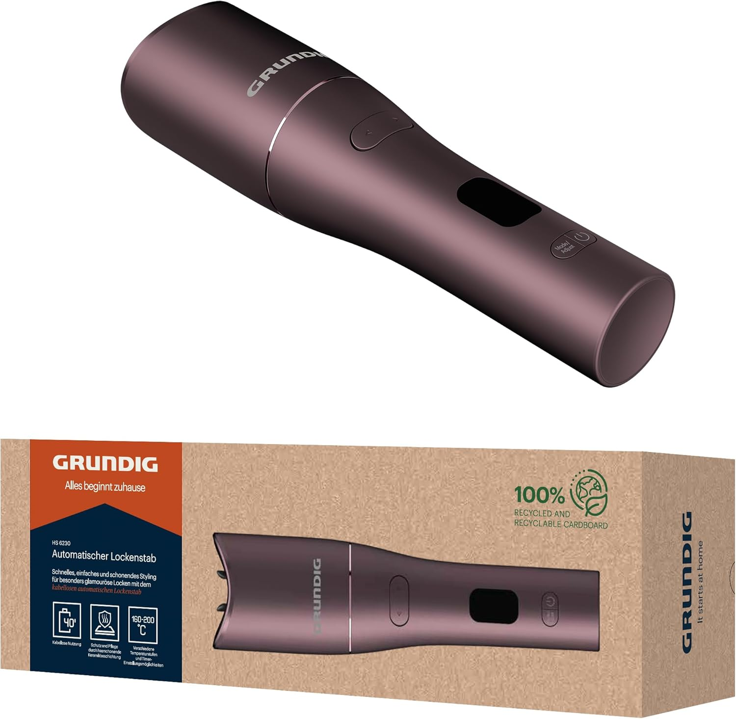 Grundig Easycurl HS 6230 Automatic Curling Iron, Large and Small Curls, Long and Short Hair, Cordless Battery-Operated, 3 Temperature Levels, Ceramic Coating, Timer, LCD, Purple