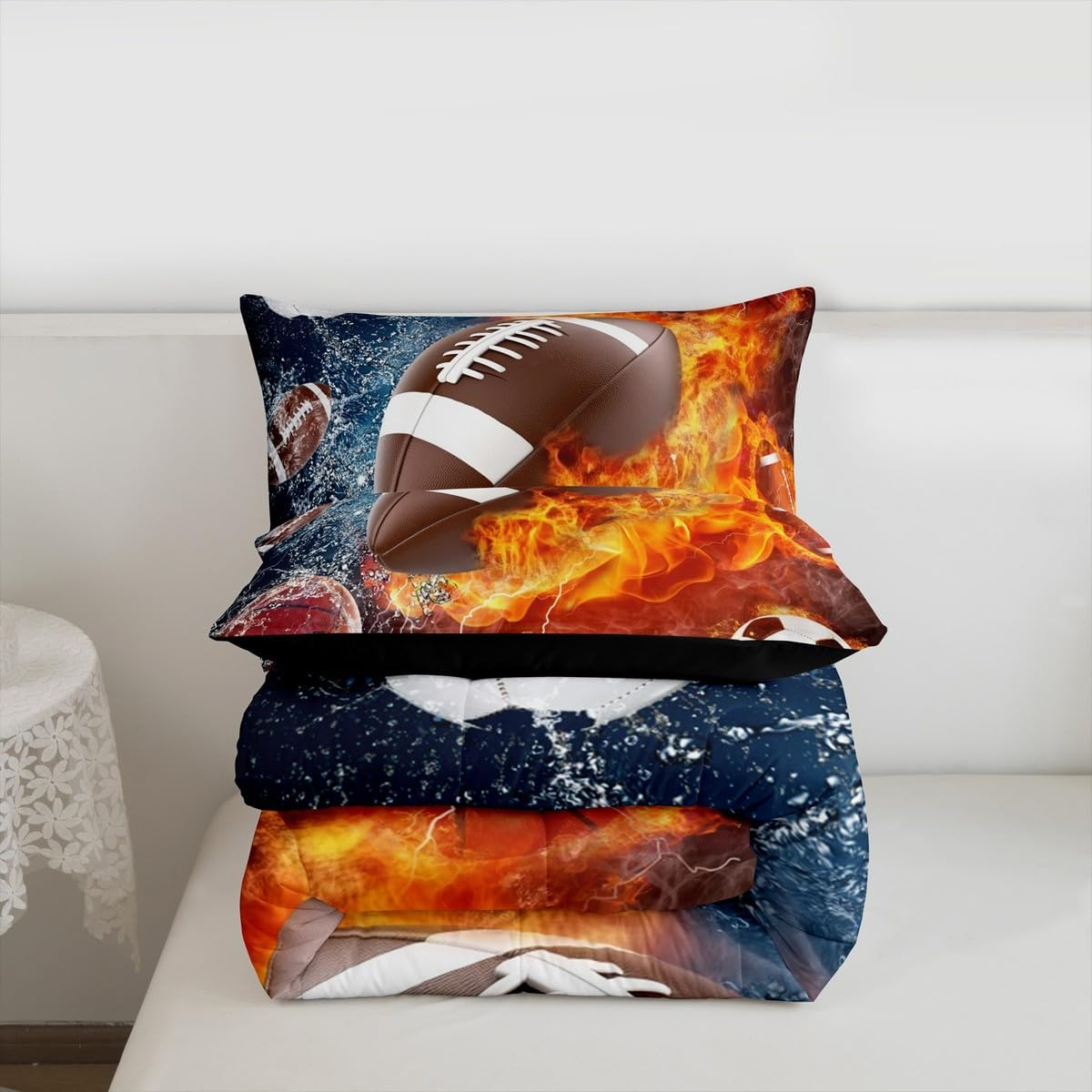 Erosebridal Football Comforter Set Queen Rugby Sports Bedding for Teen Boys Kids,Soccer Basketball Baseball Red Blue Water Fire Lightning Quilt Duvet Insert Bedroom Decor 2 Pillow Cases Cmhs457 image number 2