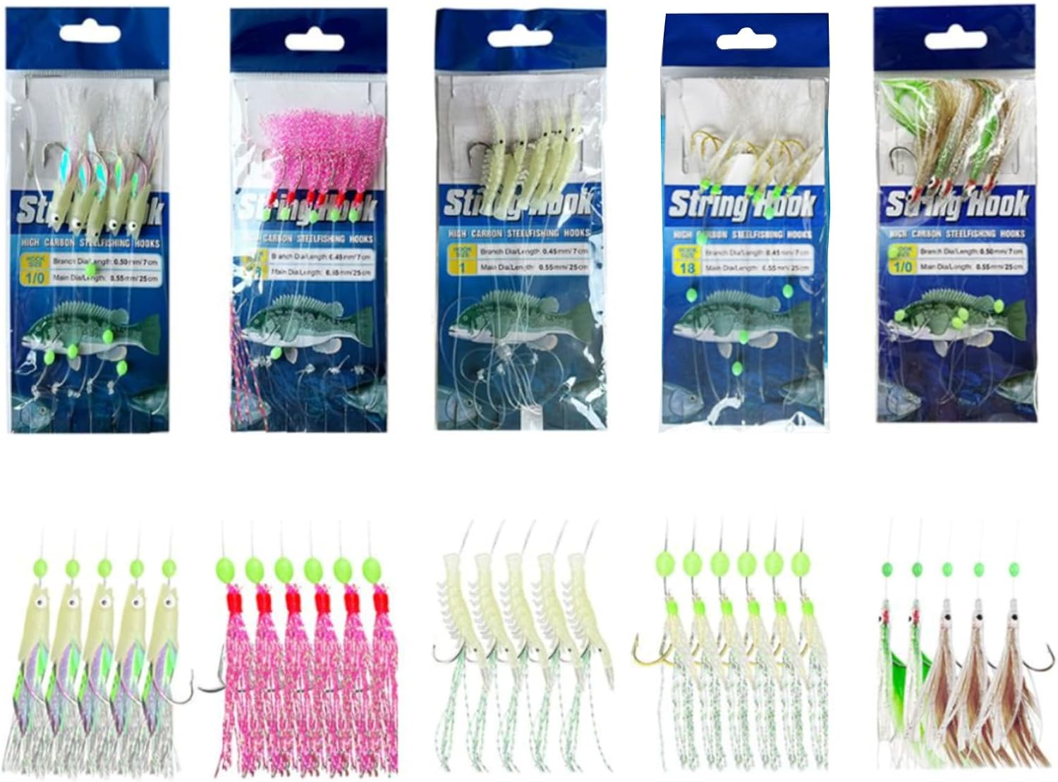 EWEIS 5 Pcs Pre Tied String Fishing Hook with Bionics Lures Bait Rigs,Carbon Steel Barbed 5 Hooks Set with Quick Swivels Snaps and Glow Rigs Beads,Sabiki Flasher Fish Bites Bait for Saltwater image number 1
