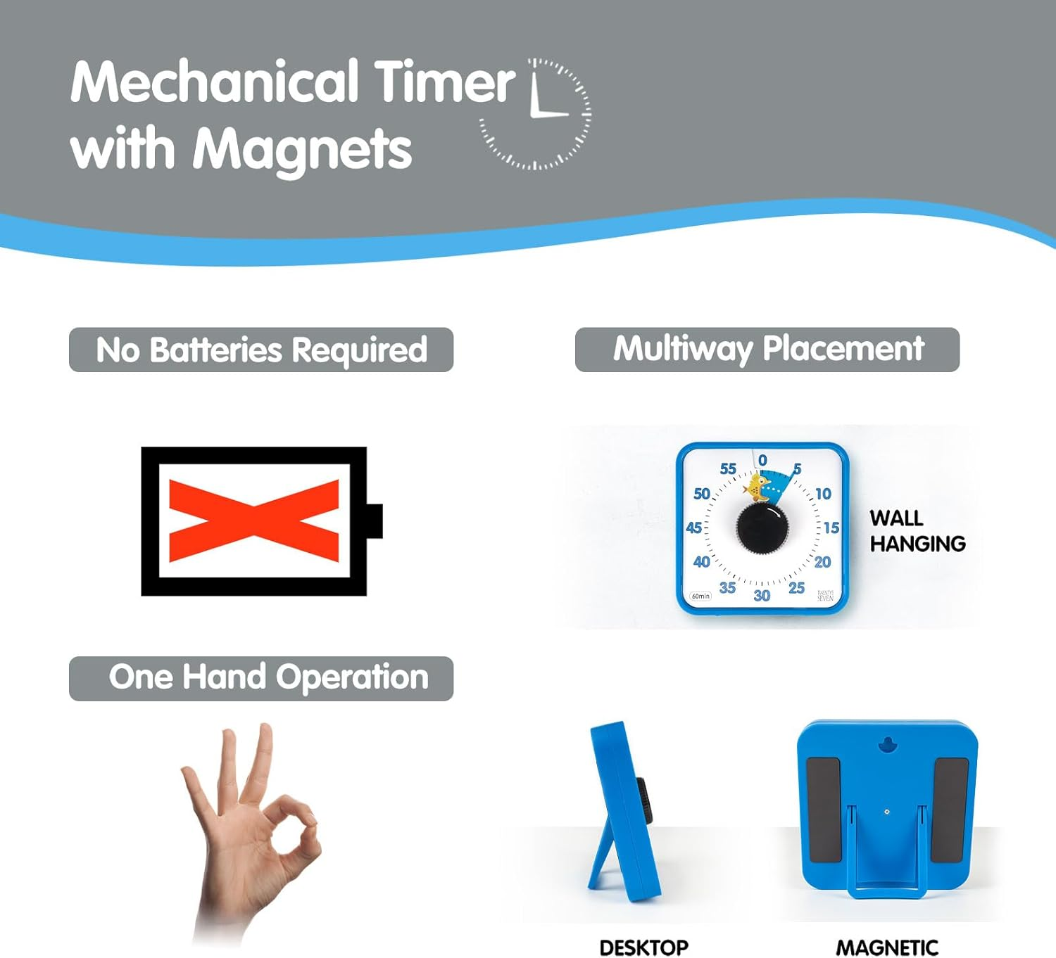 TWENTY5 SEVEN Countdown Timer 7.5 Inch, 60 Minute 1 Hour Visual Timer for Classroom Teaching Tool Office Meeting, Mechanical Countdown Clock for Kids Exam Time Management Magnetic, Blue, Fish Pattern image number 1