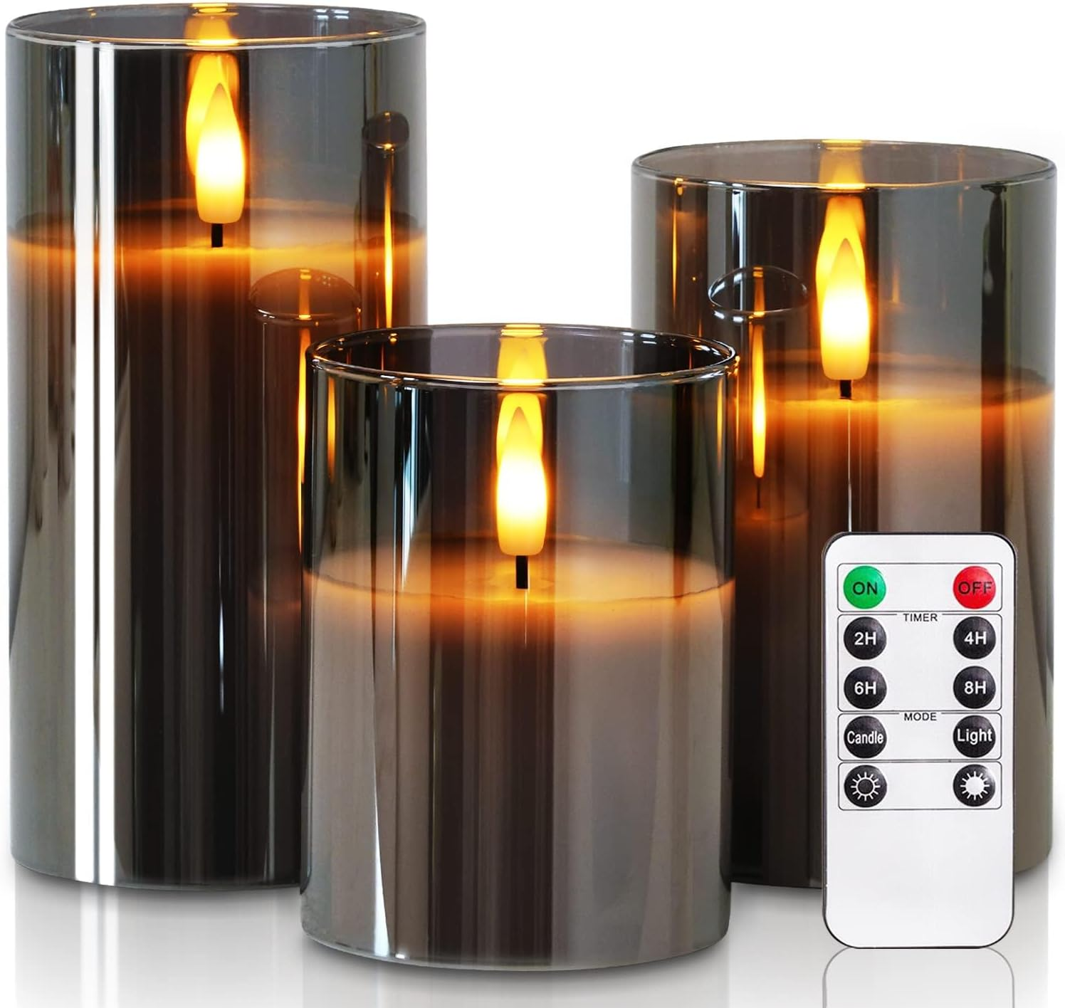 Clear Glass Flameless Candles Battery Operated with Timer, Remote Control, LED Pillar Candles Battery Powered, D3 H4 5" 6", Set of 3 (White)