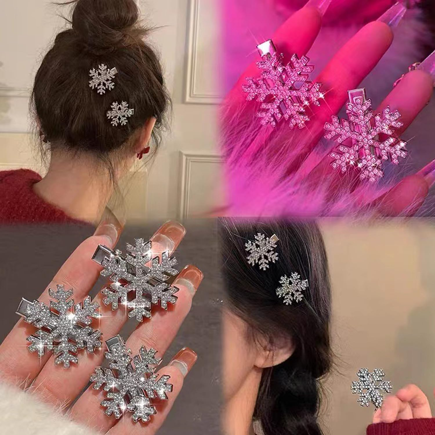 Snowflake Hair Clips Sparkly Rhinestone Hair Barrettes 3 Styles Cute Autumn Winter Broken Hair Bangs Silver Metal Accessories for Women Shiny Snowflakes Hairpins Christmas Hair Xmas Party Gifts image number 6