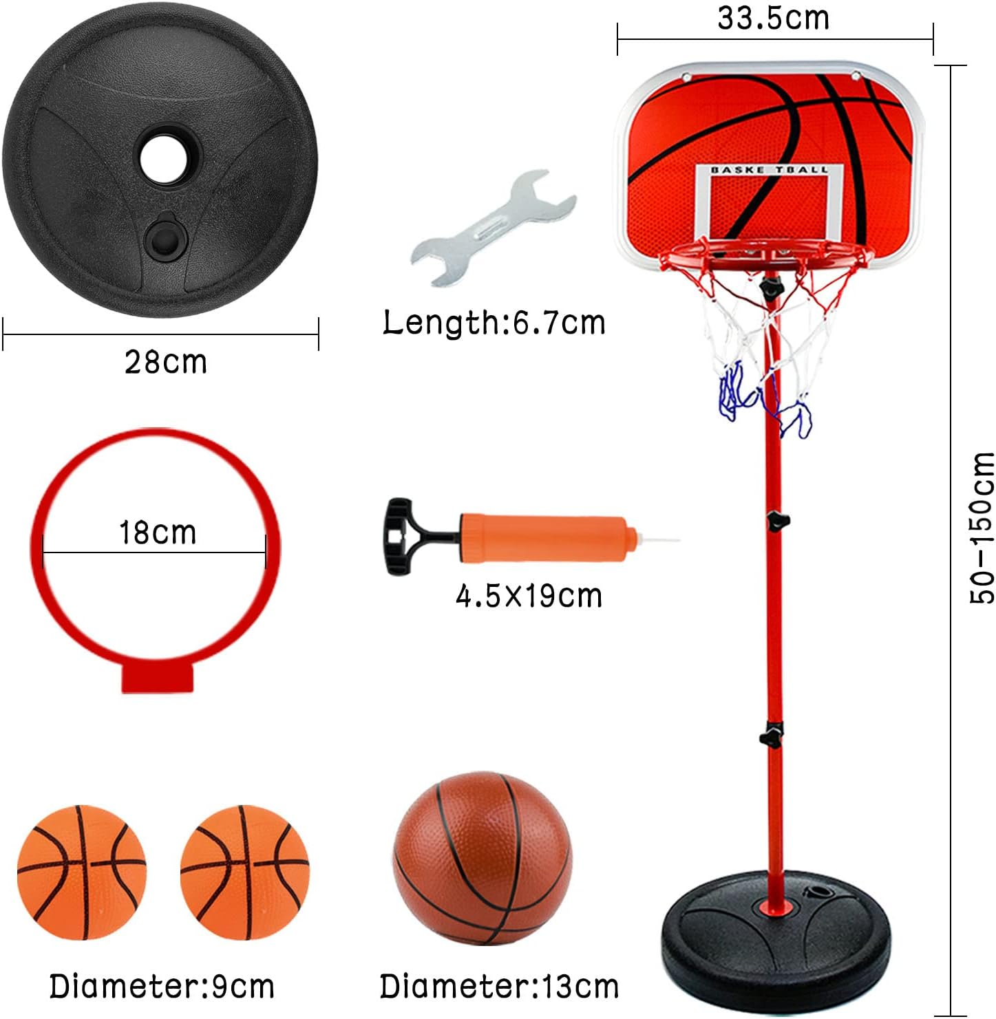Aolkee 50Cm-150Cm Adjustable Indoor Outdoor Kids Basketball Hoop with 3 Balls Net Pump