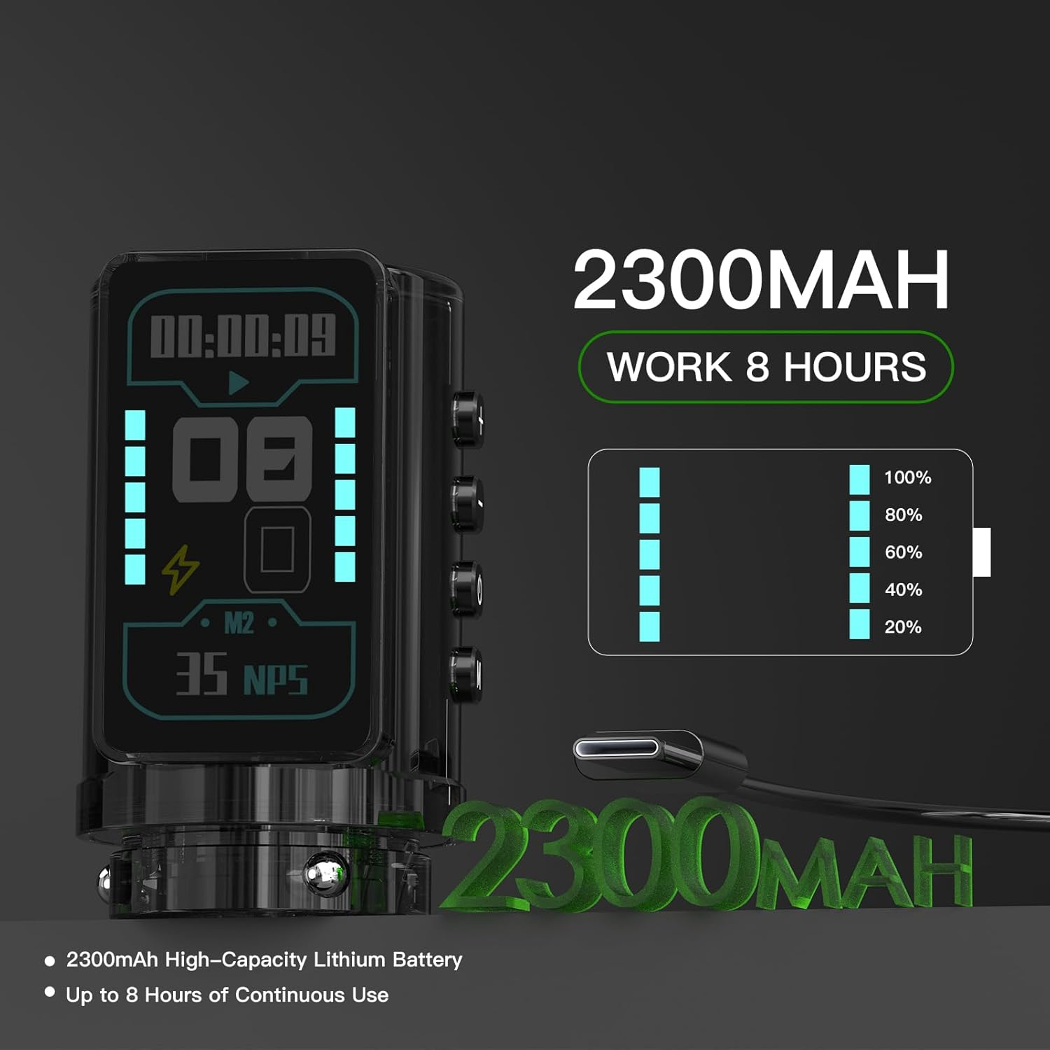 Wormhole Tattoo Gun for Artists Aluminum Alloy 7 Adjustable Stroke Wireless Tattoo Machine with 2300Mah Battery Lightweight Compact Rotary Tattoo Pen Powerful Motor Precision Professional - Black