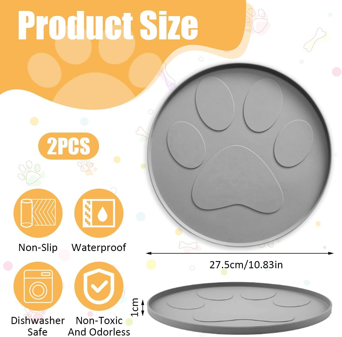 Pack of 2 Dog Bowl Mat, 27.5 Cm Mat, Cat Bowl, Non-Slip Silicone Mat, Dog Bowl, round Bowl Mat, Cat Feeding Mat, Silicone Bowl Mat for Medium and Small Pets image number 1