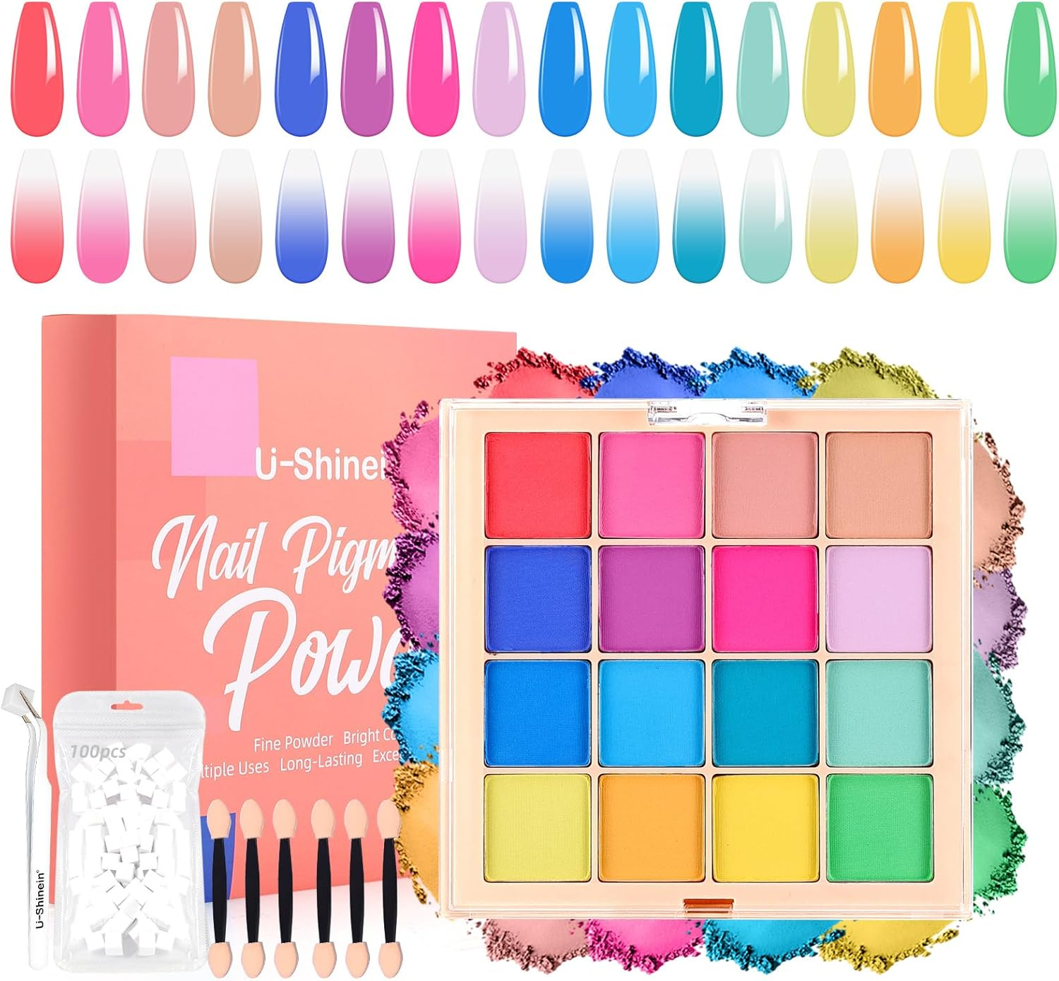U-Shinein Nail Pigment Powder Palette Set, 16 Colors Ombre Nail Powder Palette French Aura Nails Ombre Nail Brush Nail Long-Lasting Manicure Art DIY Accessories (A)