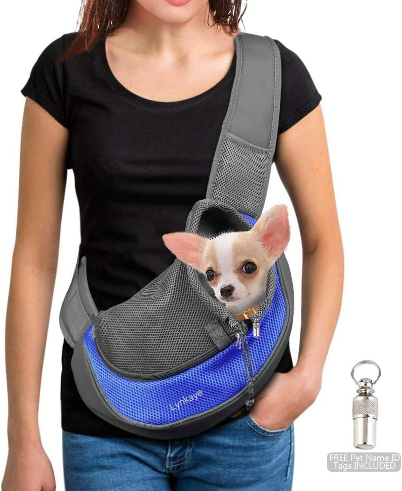 Lynkaye Small Dog & Cat Travel Bag - Hands Free Pet Carrier with Adjustable Strap & Stainless Steel ID Barrel (Black, up to 12 Lbs)