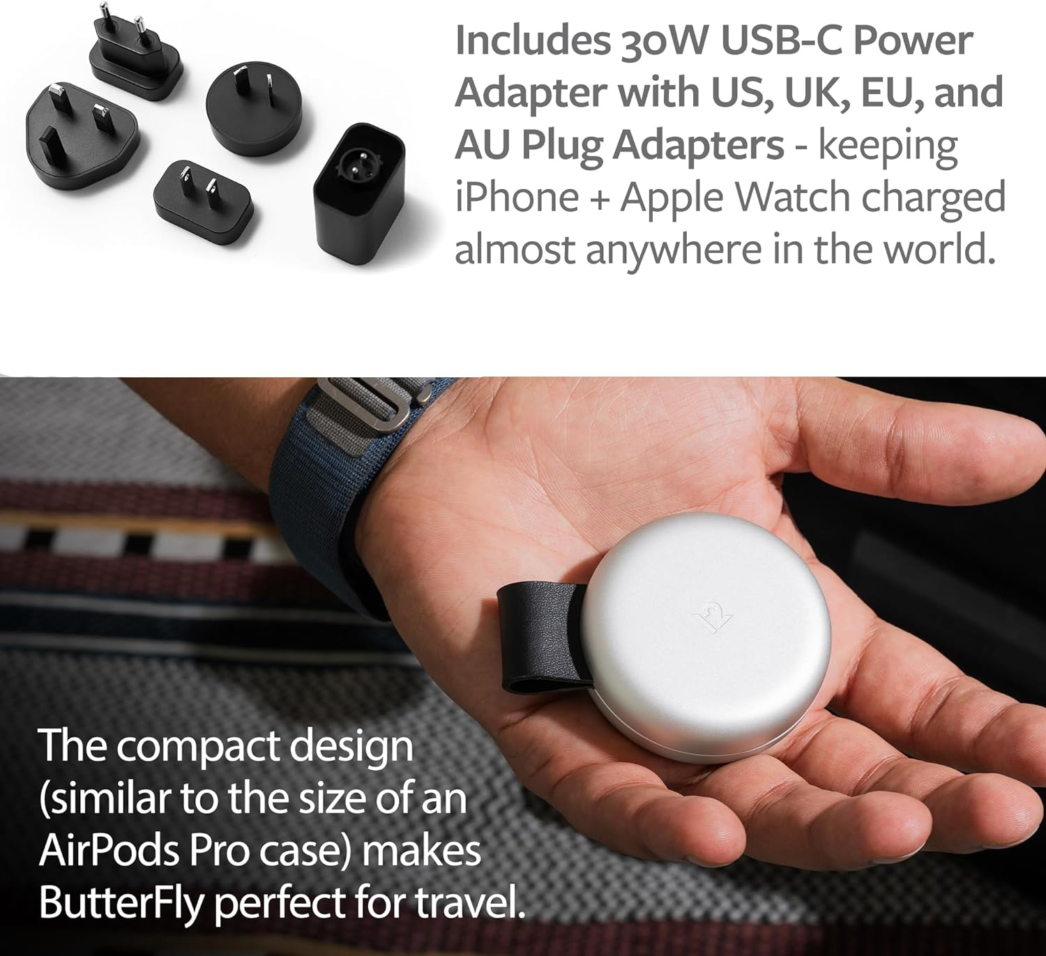 Twelve South Butterfly 2-In-1 USB-C Magsafe Charger - Compact Travel-Friendly Design, Fast-Charges Iphone, Airpods and Apple Watch, Includes USB-C Cable, US Power Adapter + 4 International Adapters image number 6