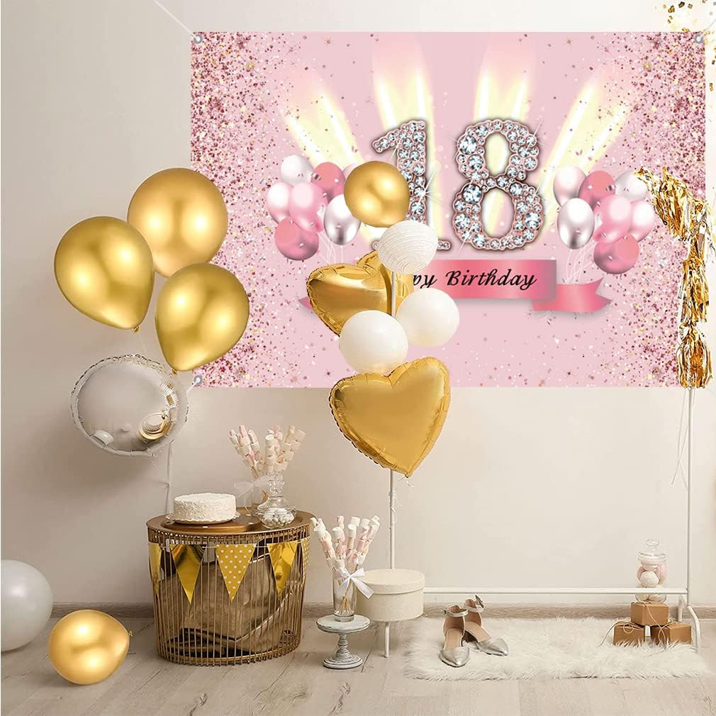 18Th Birthday Decorations for Girls 18 Years Old Anniversary Party Fabric Sign Poster Pink Photo Background 18Th Birthday Party Supplies, 59"X35.4"