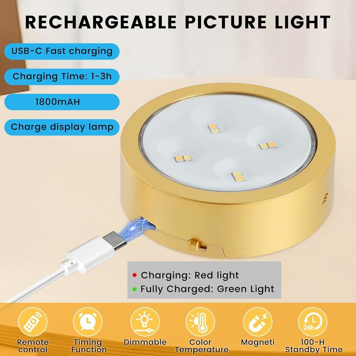 3PCS Battery Operated Picture Light, Wireless Picture Lights for Wall Rechargeable, Remote and Dimmable Timer Art Display Light for Picture Artworking Frame Portrait, Wall Decor Puck Lights (Gold) - Black image number 3