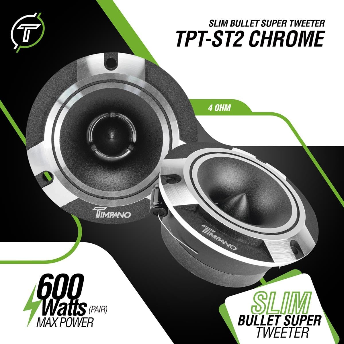 Timpano 1600 Watts Bundle 2X 6.5 Midrange Speakers TPT-MR6-4 Bullet 500 Watts, 4 Ohm + 2X Super Tweeters TPT-ST2 Chrome for Car Audio Systems (2 Speakers, 2 Tweeters) image number 1