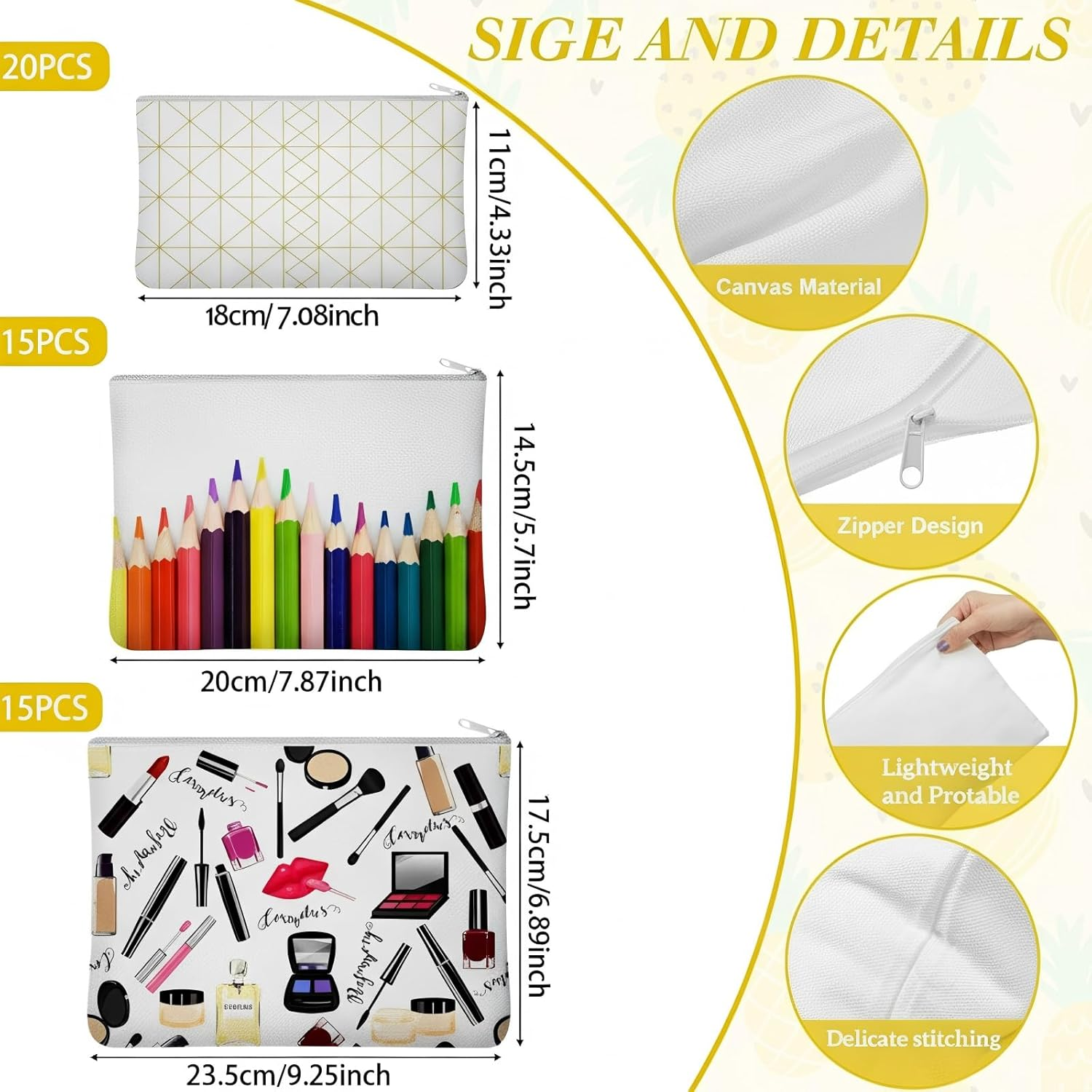 Frienda 50 Pcs Sublimation Blank Canvas Makeup Bags Bulk DIY Heat Transfer Canvas Pen Case Pencil Cosmetic Makeup Bags Clear Sublimation Blank Pouch with Zipper (3 Sizes,White) image number 3