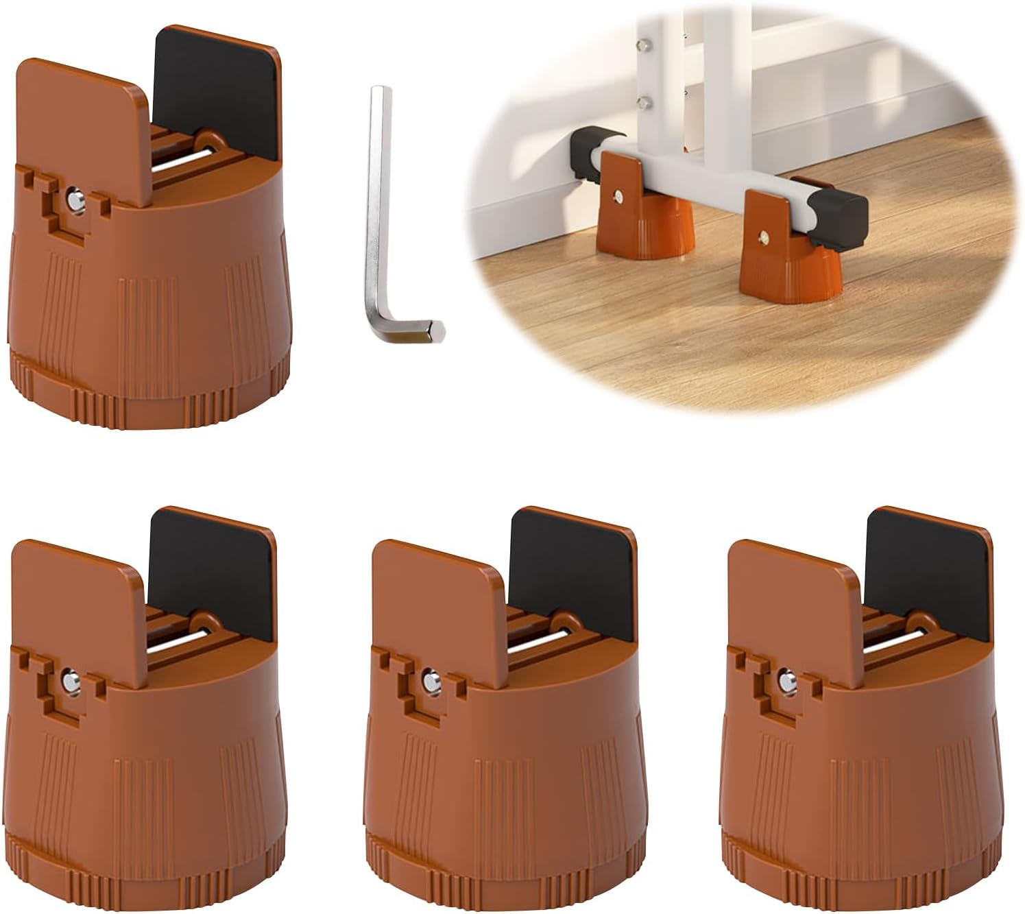 Adjustable Furniture Risers, 4PCS 6-8Cm anti Slip Stable Heavy Duty Table Leg Risers, Space Saving Good Load Bearing Bed Risers for Home (Brown)