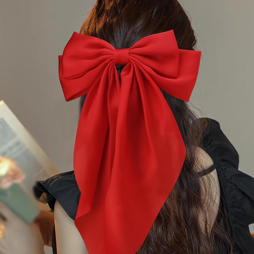 3 Pack Silky Satin Hair Bows for Women Large Hair Bows Oversized Long Tail Hair Bows Barrettes Cute Aesthetic Red Hot Pink image number 2