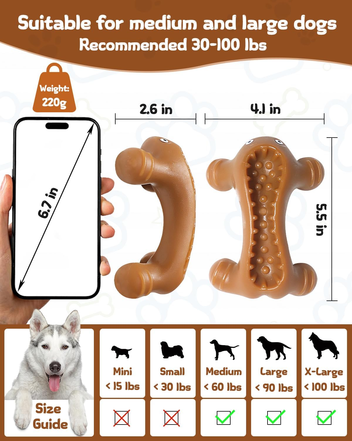 SCHITEC Dog Chew Toy, Indestructible Rubber Bone, Tough Teething Chew Toys for Large Medium Breed with Food Dispensing Features (Bacon)